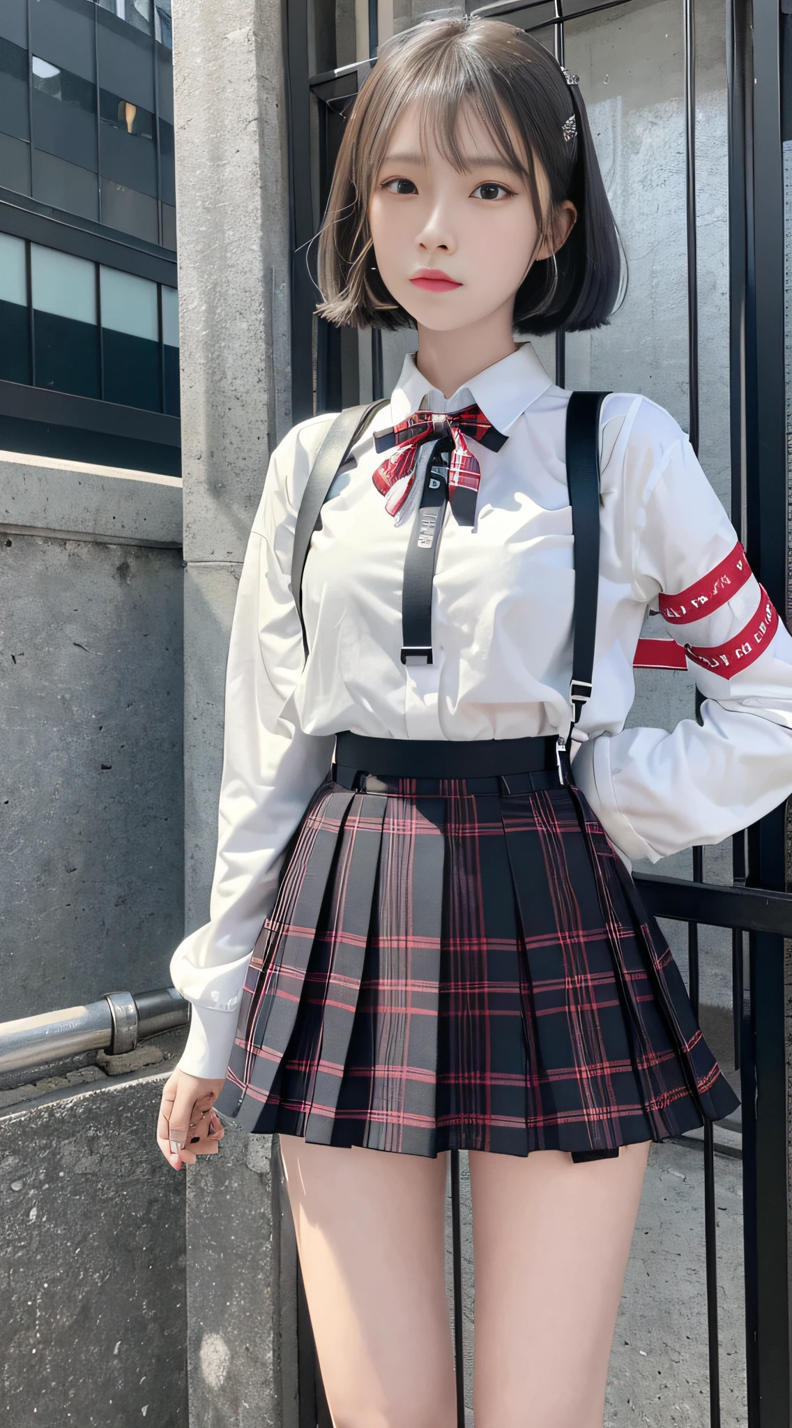 Top quality, masterpiece, ultra high resolution, (photorealistic: 1.4), raw photo, (real skin texture: 1.3), (film grain: 1.3), panorama, character portrait, very wide shot backpack, bag, 2 girls, 18 years old, black hair, skirt, short hair, outdoor, medium hair, shirt, socks, jacket, school uniform, white shirt, open wear looking building, black jacket, standing, red ribbon, neck ribbon, long sleeve, sign, plaid, holding, fence, ribbon, pleated skirt, knee-high, collared shirt, black skirt, bangs, other looking openware