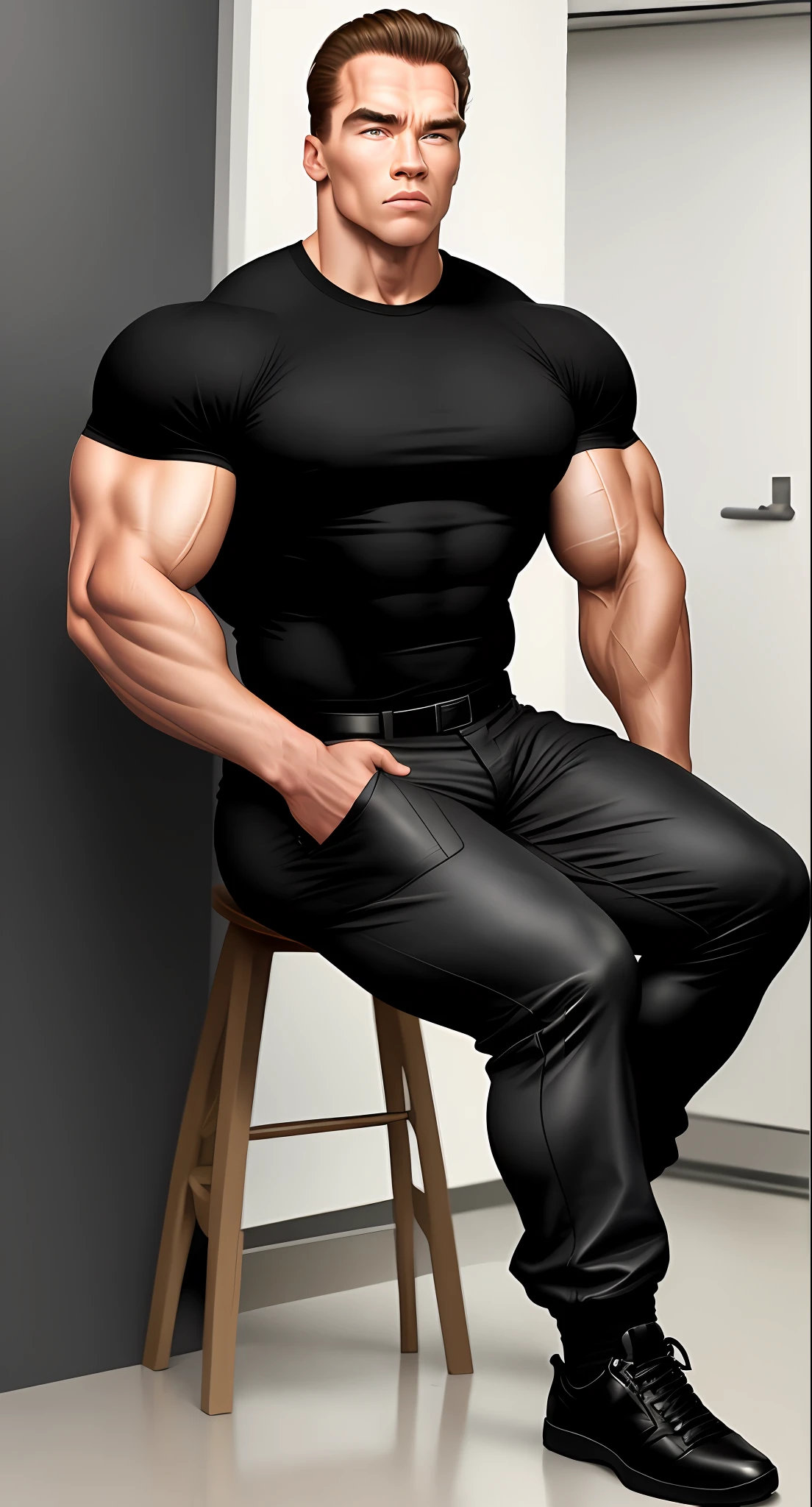 Young arnold schwarzenegger, 23 years old, tight black t-shirt, military trousers, bodybuilder, big muscle, tall and muscular