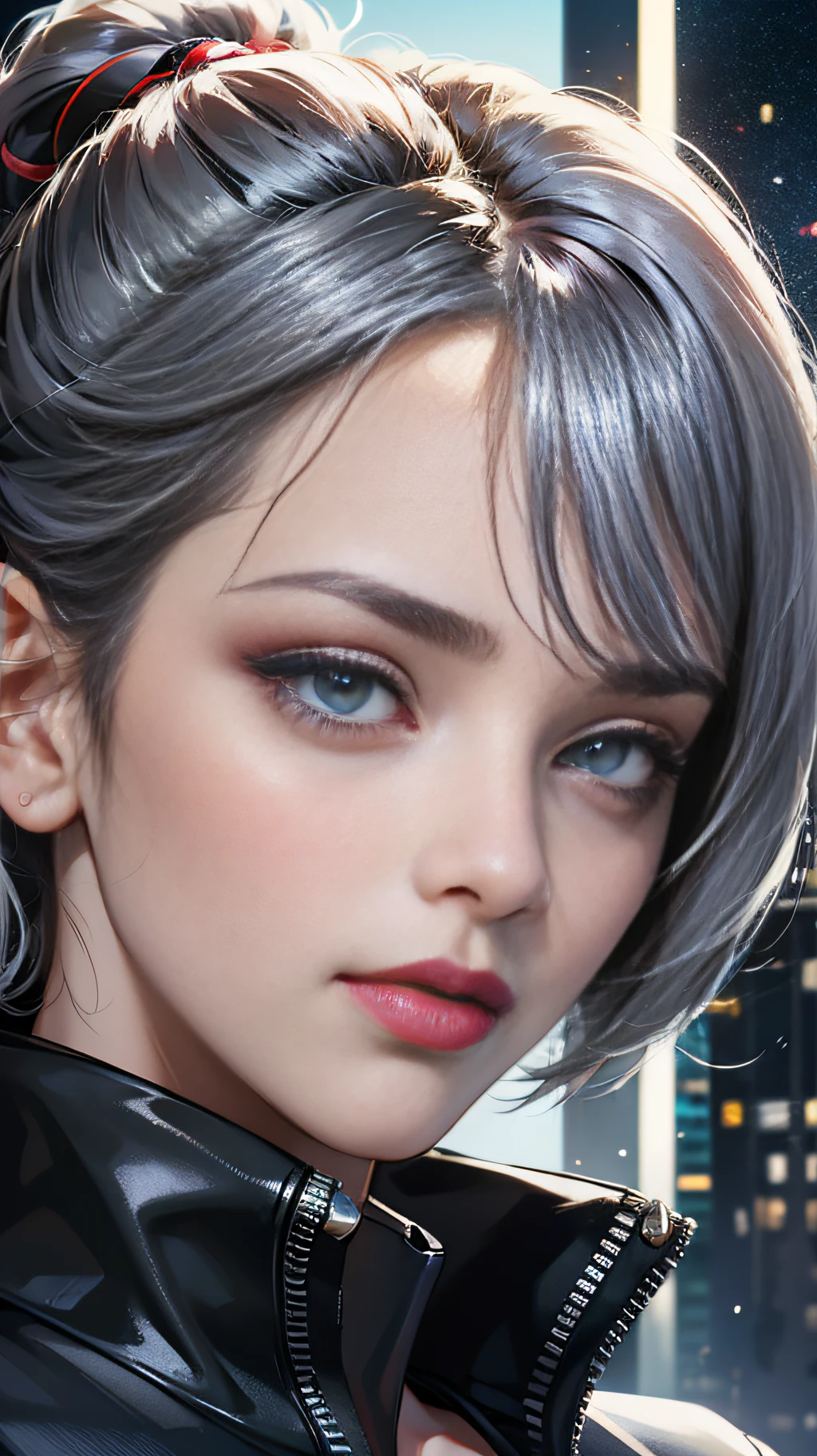 Master Works, 8K Resolution, (Ultra High Resolution), Cyberpunk, Medium Scene, Super Sweet Girl, Lipstick, Sparkling Eyes, No Expression, (Front Face), Medium Hair, Bangs Between Eyebrows, Ponytail, Gray Hair, Heavy Makeup, (Military Jacket, T-Shirt) Dynamic Angle, City Background, Face Macro Lens, Portrait Mode --auto --s2