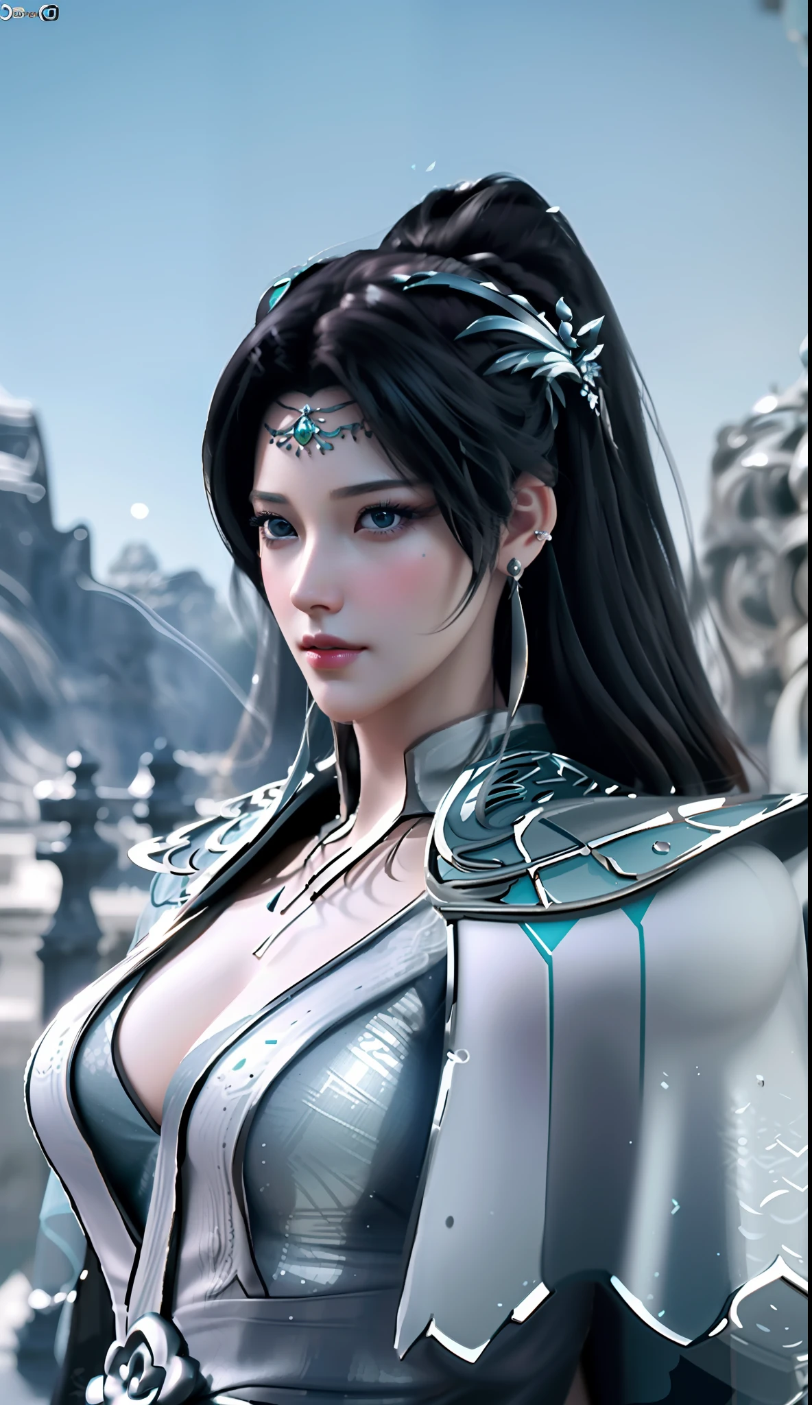 Black background wall, blurred background, highest quality, close-up of a woman, perfect face, perfect figure, alluring, charming, ultra hd, textured skin, super detail, 8k, super fine, extra large breasts, huge breasts, breast exposure, perfect face, delicate eyes, seductive, charming, half nude, 3d rendered character art 8K, fantasy characters, 3DCG, close-up of a woman, perfect face, perfect figure, alluring, charming, hands to the back, looking at me head-on, stereoscopic, textured skin, super detailed characters , 8k, fantasy characters, 3DCG, masterpiece, CGstation, peerless beauty, 3DCG, movie bloom, movie soft light, skin type, flawless, delicate nose, peerless beauty, sister, royal sister, 3D movie character 8K, movie bloom, movie soft light, skin white as jade, flawless, god