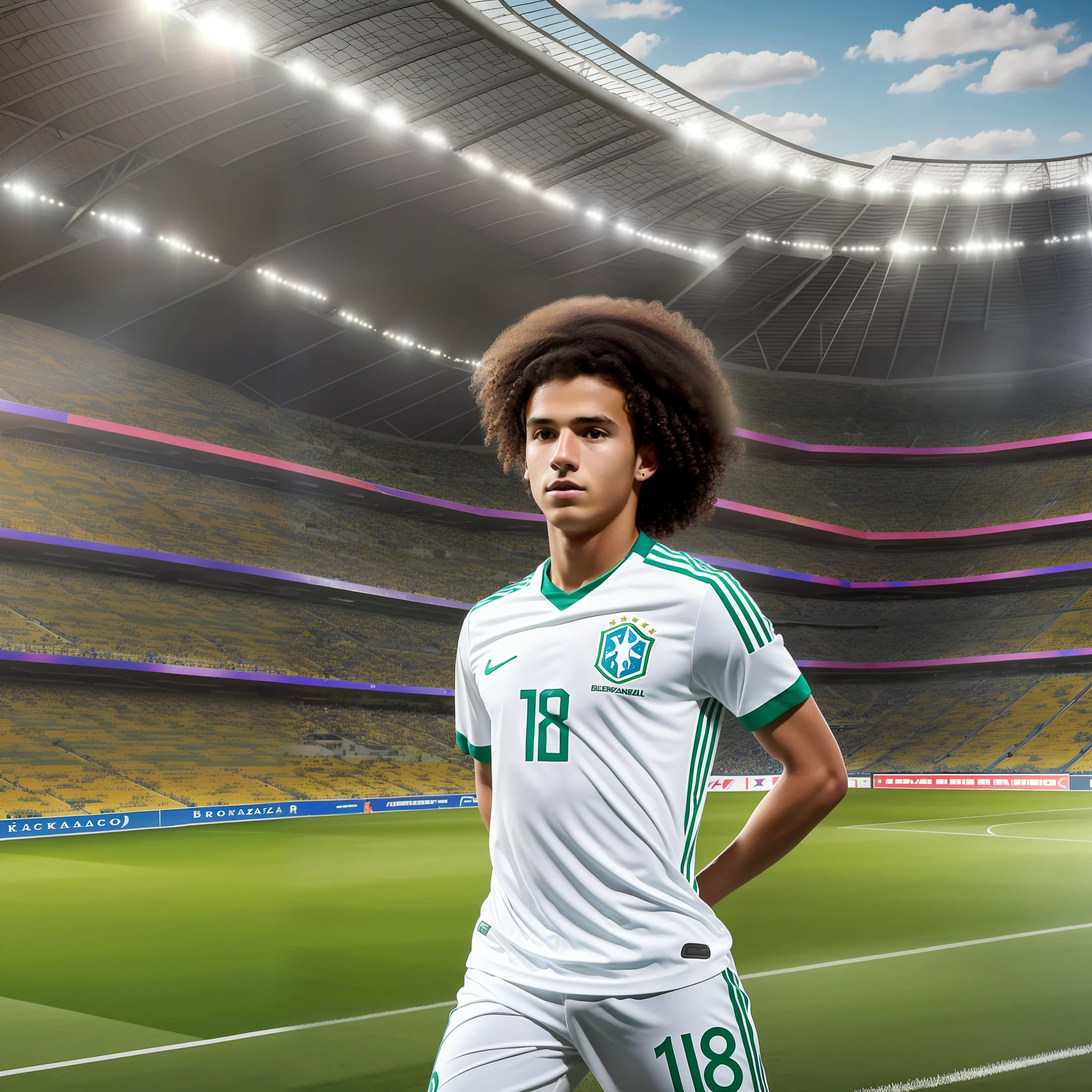 There is an 18-year-old soccer player in a soccer stadium with curly hair and white skin, a Brazilian playing for the Brazilian national team --auto --s2