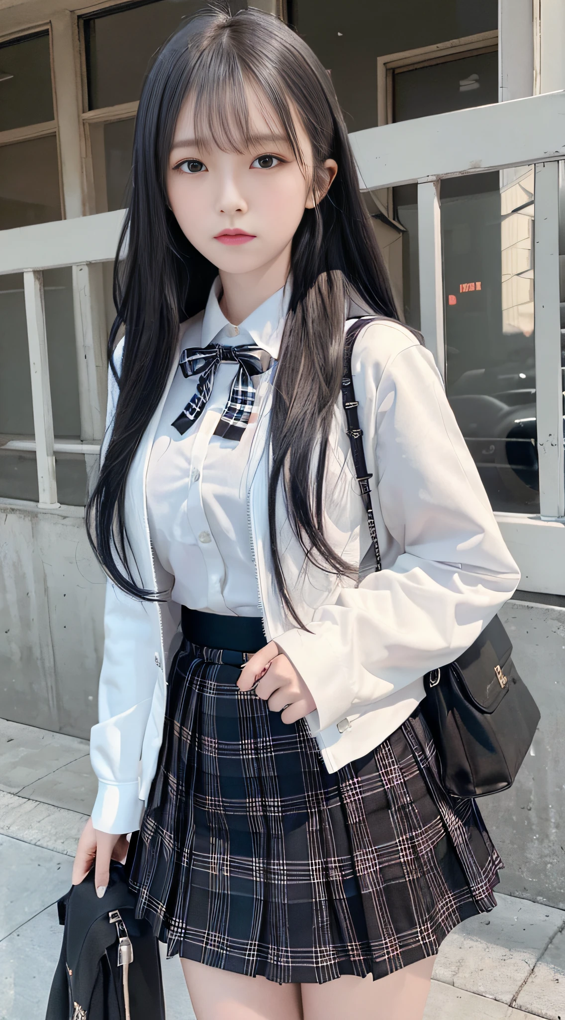 Top Quality, Masterpiece, Ultra High Resolution, (Photorealistic: 1.4), Raw Photo, (Real Skin Texture: 1.3), (Film Grain: 1.3), Panorama, Character Portrait, Very Wide Shot Backpack, Bag, 2 Girls, 18 Years Old, Black Hair, Skirt, Long Hair, Outdoor, Medium Hair, Shirt, Socks, Jacket, School Uniform, White Shirt, open wear looking building, black jacket, standing, red ribbon, neck ribbon, long sleeve, sign, plaid, holding, fence, ribbon, pleated skirt, knee-high, collared shirt, black skirt, bangs, other looking openware