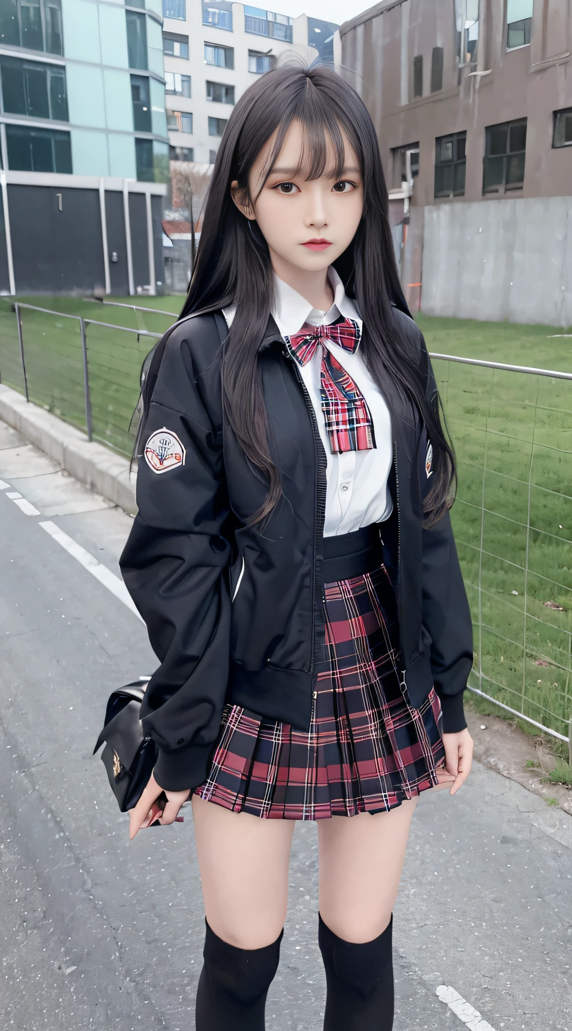 Top Quality, Masterpiece, Ultra High Resolution, (Photorealistic: 1.4), Raw Photo, (Real Skin Texture: 1.3), (Film Grain: 1.3), Panorama, Character Portrait, Very Wide Shot Backpack, Bag, 2 Girls, 18 Years Old, Black Hair, Skirt, Long Hair, Outdoor, Medium Hair, Shirt, Socks, Jacket, School Uniform, White Shirt, open wear looking building, black jacket, standing, red ribbon, neck ribbon, long sleeve, sign, plaid, holding, fence, ribbon, pleated skirt, knee-high, collared shirt, black skirt, bangs, other looking openware