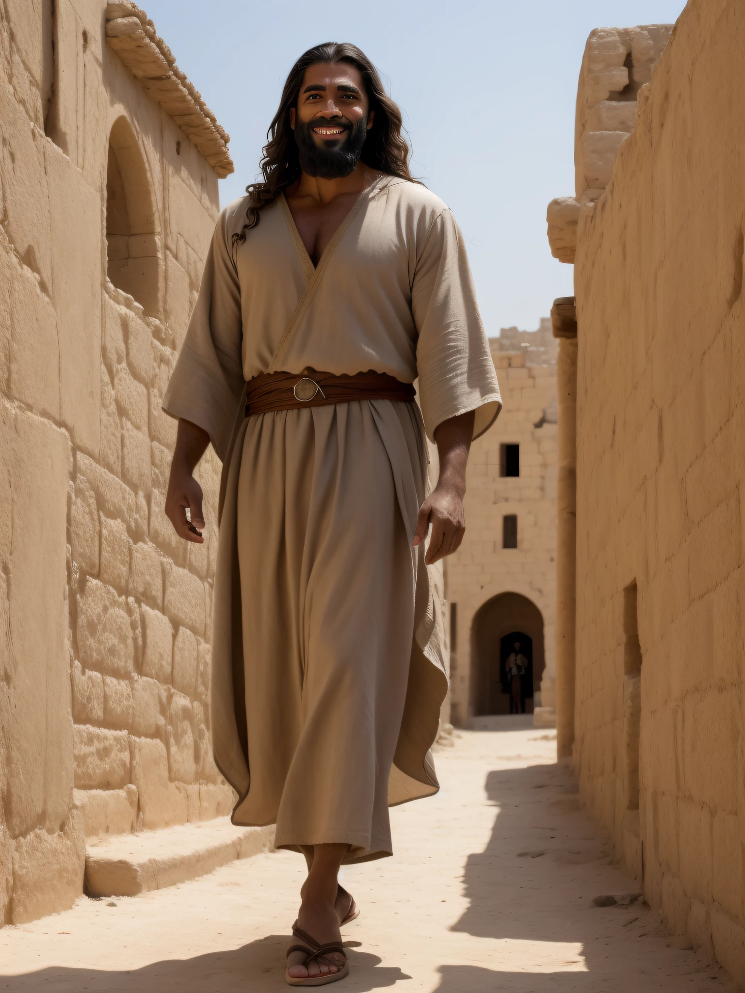 Masterpiece 8k, artistic reality, 8k wallpaper, historical Jesus, male carpenter, (highly tanned skin: 1.2), wavy shoulder-length hair, Palestinian, Jewish and Arabic features, brown eyes, smiling lips, long curly beard, wearing long loose linen simlah robes, usually ankle length 2000 years ago, sandals, in action walking through a barren ancient city, midday light, extremely handsome and strong man, very detailed, HDR, midjournei art, trending at artstation , trending at CGsociety, Fujichrome Provia 100F, by Lynsey Addario