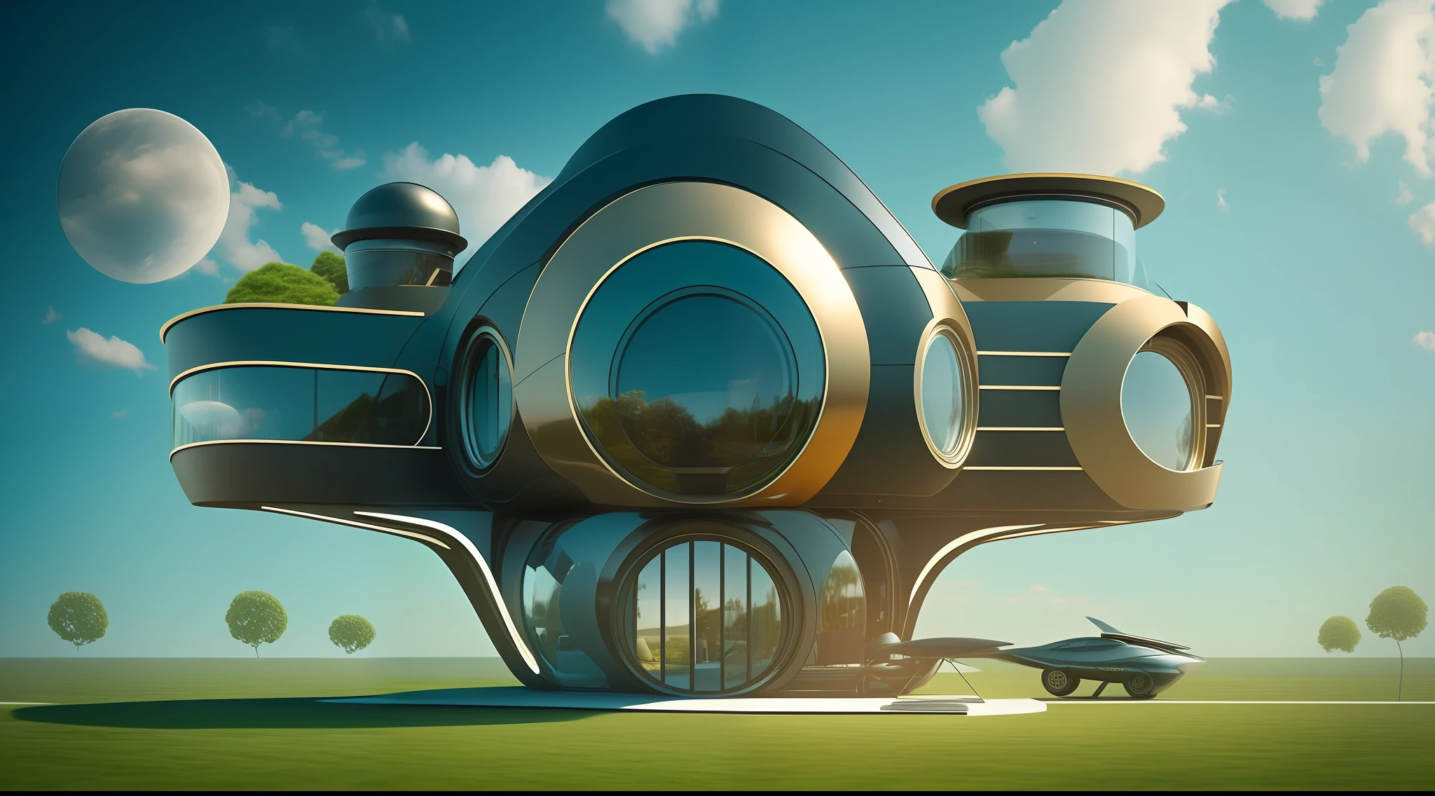 an extremely complex futuristic and advanced steampunk house, a flying vehicle in the garage, lots of technology on the walls of the house, technology decoration, normal small houses next door, green lawn, 2 sun in the sky, 200mm lens