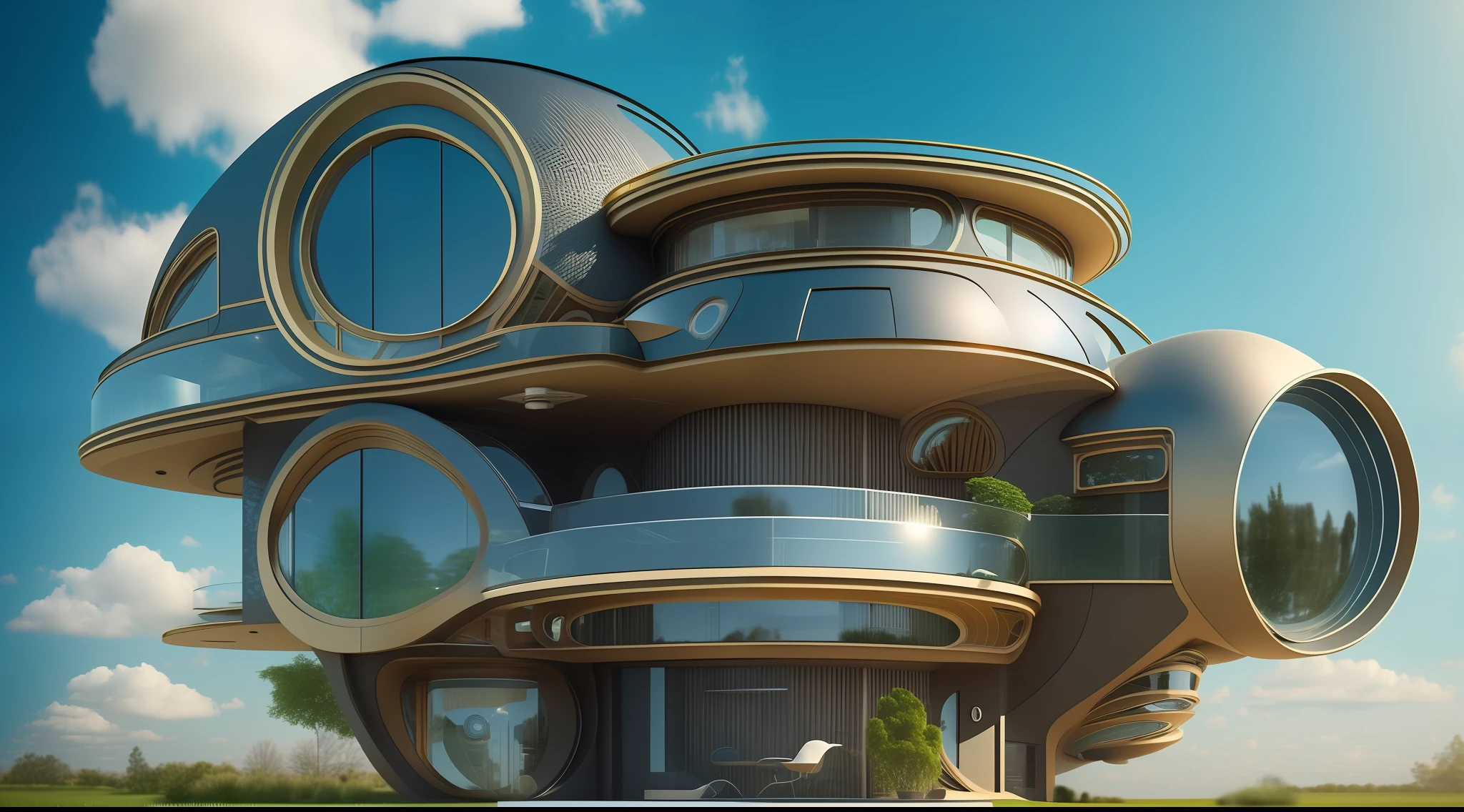 an extremely complex futuristic and advanced steampunk house, a flying vehicle in the garage, lots of technology on the walls of the house, technology decoration, normal small houses next door, green lawn, 2 sun in the sky, 200mm lens