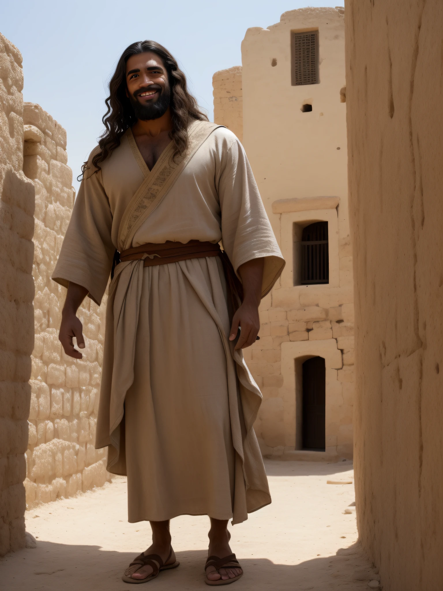 Masterpiece 8k, artistic reality, 8k wallpaper, historical Jesus, male carpenter, (highly tanned skin: 1.2), wavy shoulder-length hair, Palestinian, Jewish and Arabic features, brown eyes, smiling lips, long curly beard, wearing long loose linen simlah robes, usually ankle length 2000 years ago, sandals, in action walking through a barren ancient city, midday light, extremely handsome and strong man, very detailed, HDR, midjournei art, trending at artstation , trending at CGsociety, Fujichrome Provia 100F, by Lynsey Addario