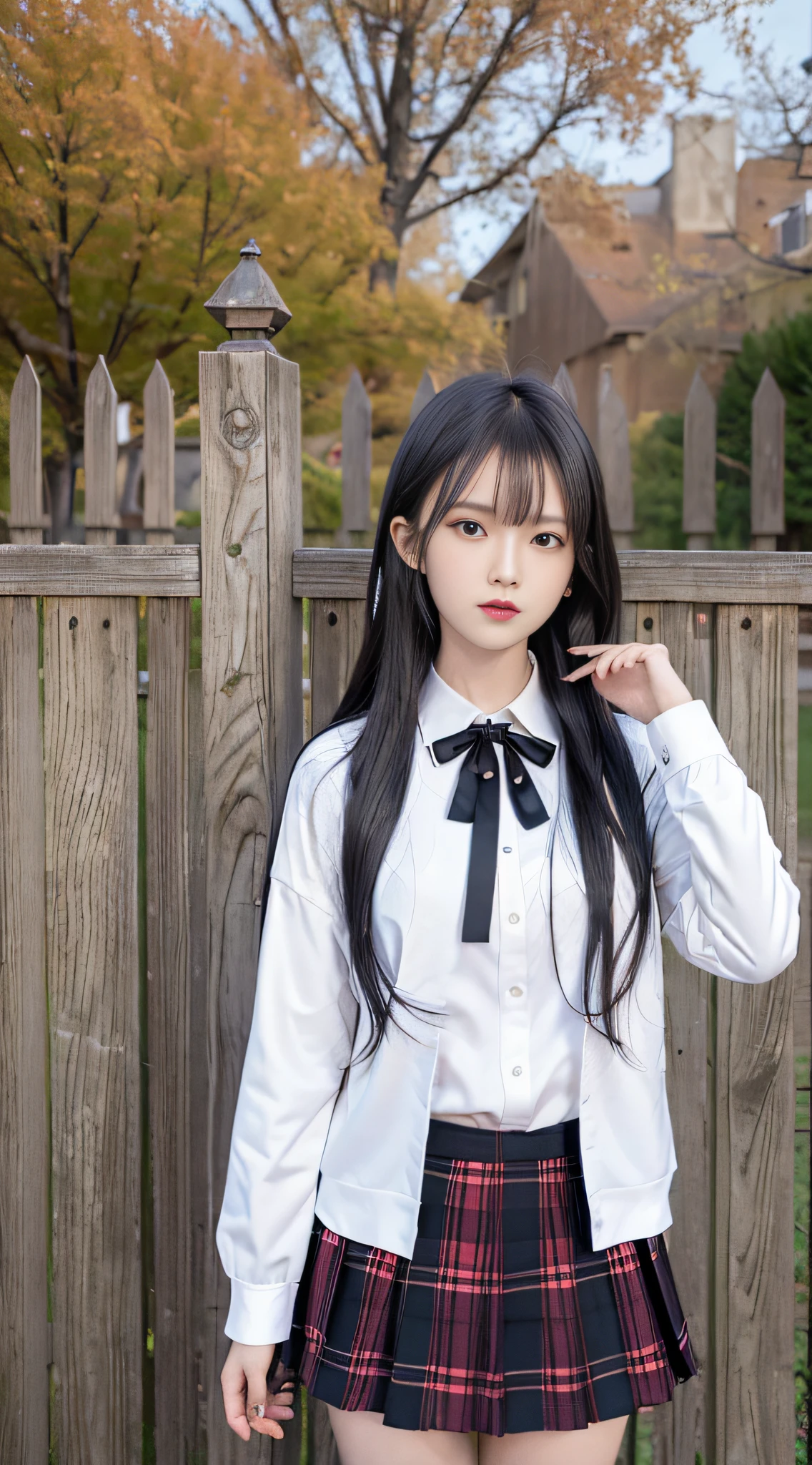 Top Quality, Masterpiece, Ultra High Resolution, (Photorealistic: 1.4), Raw Photo, (Real Skin Texture: 1.3), (Film Grain: 1.3), Panorama, Character Portrait, Very Wide Shot Backpack, Bag, 2 Girls, 18 Years Old, Black Hair, Skirt, Long Hair, Outdoor, Medium Hair, Shirt, Socks, Jacket, School Uniform, White Shirt, open wear looking building, black jacket, standing, red ribbon, neck ribbon, long sleeve, sign, plaid, holding, fence, ribbon, pleated skirt, knee-high, collared shirt, black skirt, bangs, other looking openware