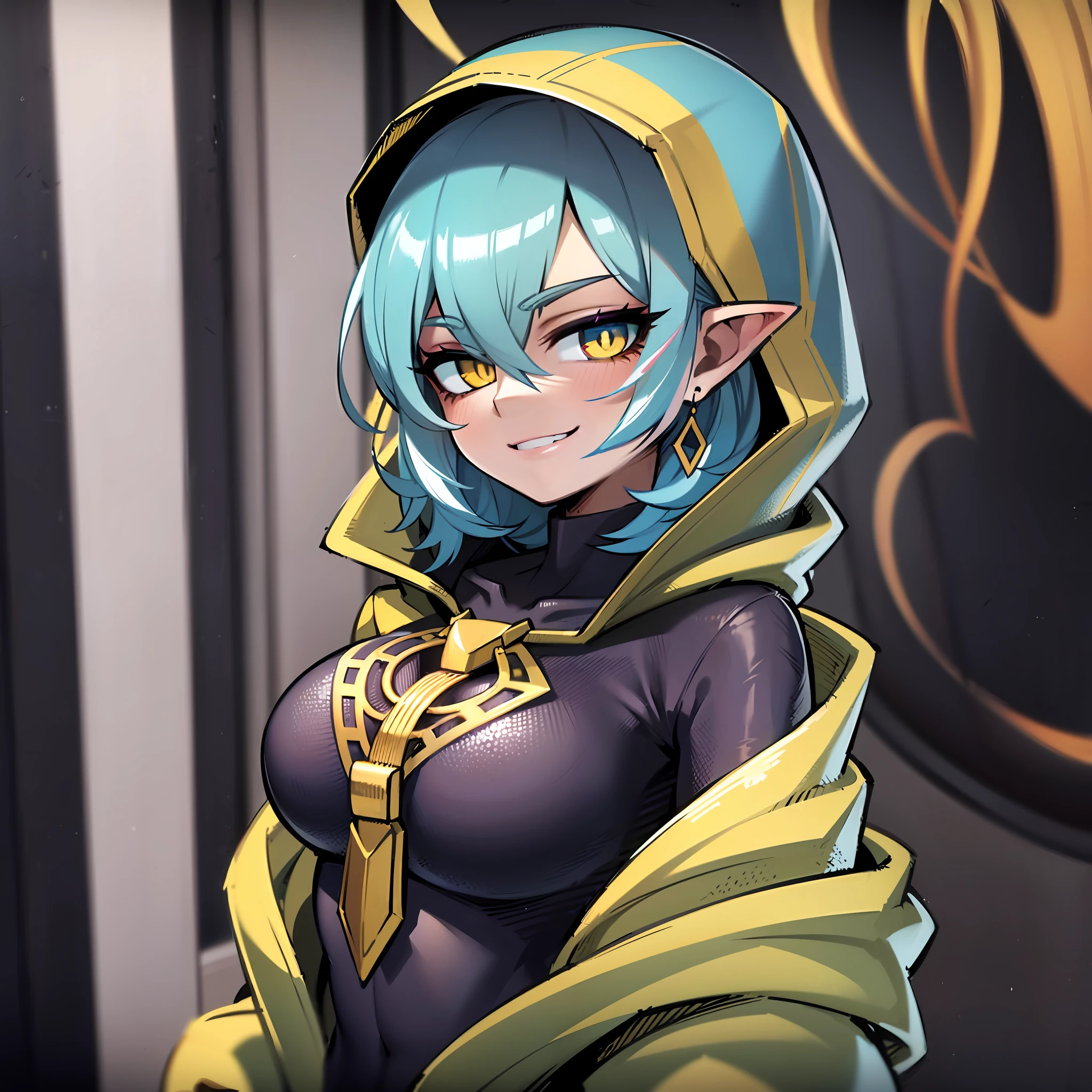 (Masterpiece, Excellent, 1girl, solo, complex details, ultra-detailed, 8k wallpaper), taken from above, from the shoulders, tiny breasts, sexy, medium blue hair, yellow and black jacket, purple highlight, hair above one eye, bright heterochromatic eyes, multicolored eyes. Fine and prismatic hair, levitating hair, red cheeks, golden earrings, sharp eyes, perfectly symmetrical figure, choker, black shirt, semi-closed jacket, hood, turtleneck sweater, against the wall, graffiti, strong lighting, alley, detailed texture of clothing, looking at the audience, (gentle, seductive, charming)), ((cyberpunk background)), ((big city background))), ((bright background in the dark), light blue hair, messy hair, short hair, hair between eyes, hair behind ear, face painting, hood up, multicolored eyes, half-closed eyes, yellow eyes, white eyes, heterochromia, devil's pupils, pointy ears, makeup, evil smile, oral invitation, high detail, Futurism, anime, modern, UHD, masterpiece, super detail, high details, high quality, best quality