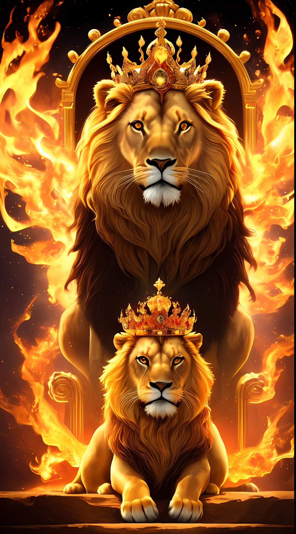 A royale King Lion full boby, galaxy background, 3D magical, full resolution RTX style with flaming eyes sitting on a throne, with a king's crown written king of kings, captured through Photography with a 35 mm lens. Inspired by the art of National Geographic photographers, the scene depicts the majestic lion, majestic and powerful. The color temperature is warm, with golden tones enhancing the lion's grandeur. The lion's eyes burn with intense flames, emanating a sense of authority and dominance. The lighting casts dramatic shadows, creating a captivating, symmetrical, full body, big angle, rtx atmosphere
