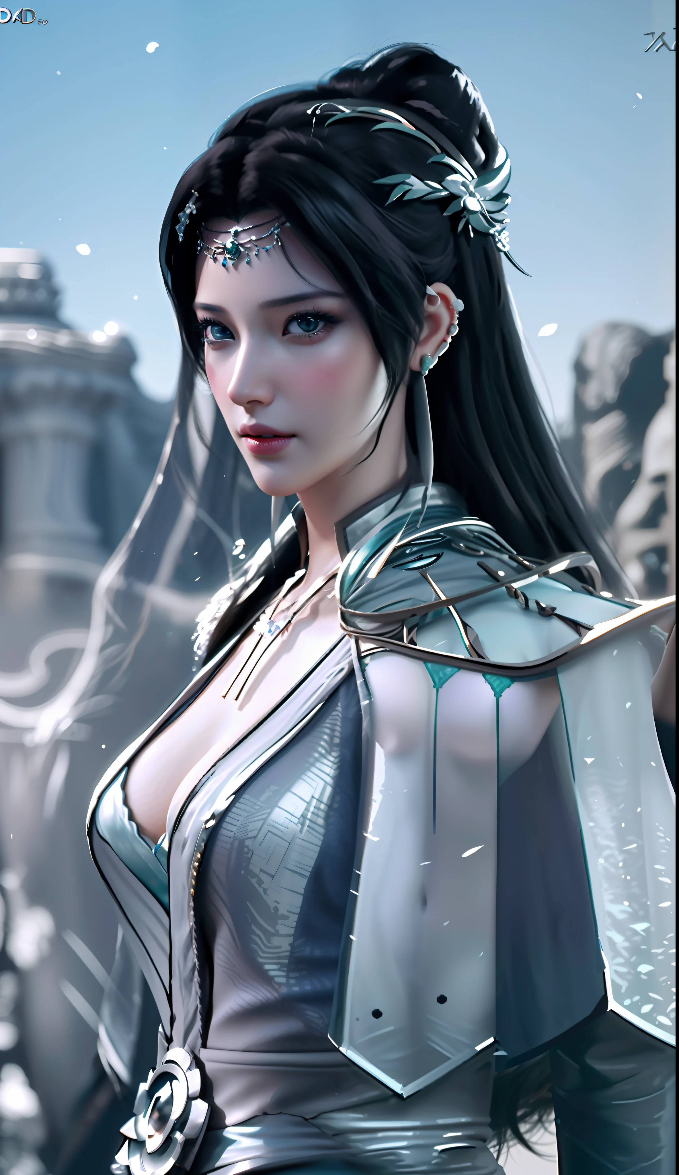 Black background wall, blurred background, highest quality, close-up of a woman, perfect face, perfect figure, alluring, charming, ultra hd, textured skin, super detail, 8k, super fine, extra large breasts, huge breasts, breast exposure, perfect face, delicate eyes, seductive, charming, half nude, 3d rendered character art 8K, fantasy characters, 3DCG, close-up of a woman, perfect face, perfect figure, alluring, charming, hands to the back, looking at me head-on, stereoscopic, textured skin, super detailed characters , 8k, fantasy characters, 3DCG, masterpiece, CGstation, peerless beauty, 3DCG, movie bloom, movie soft light, skin type, flawless, delicate nose, peerless beauty, sister, royal sister, 3D movie character 8K, movie bloom, movie soft light, skin white as jade, flawless, god