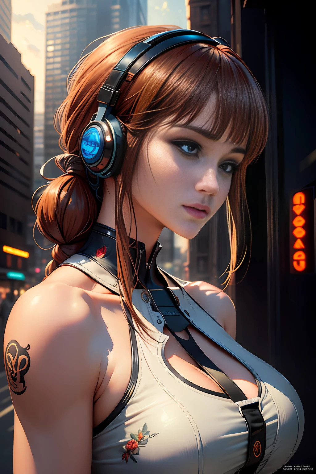 RAW, (8k, best quality, masterpiece: 1.2), (complex detail: 1.4), (photorealism: 1.4), octane rendering, complex 3d rendering super fine, studio soft light, edge light, vibrant detail, super fine, (realistic skin texture: 2), beautiful delicate face, beautiful delicate eyes, extremely detailed CG uniform 8k wallpaper, makeup, (perfect ???????), (epic), (masterpiece, top quality, best quality, official art, Aesthetics and aesthetics: 1.2), very detailed, colorful, highest detail (super detail)), (highly detailed CG illustration), (very delicate and beautiful), (viewed from the side), cinematic light, city, 1 girl, solo, headphones, cyberpunk