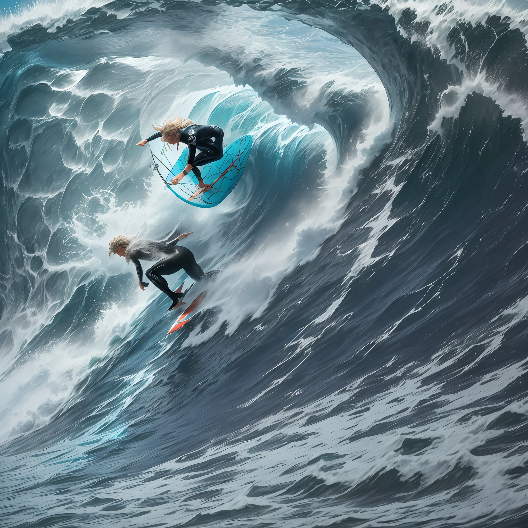 Imagine a thrilling surf scene, with a skilled surfer catching a giant wave. Highlight the energy and excitement of the moment by capturing the moving water and the expression of determination on the surfer's face. --auto --s2
