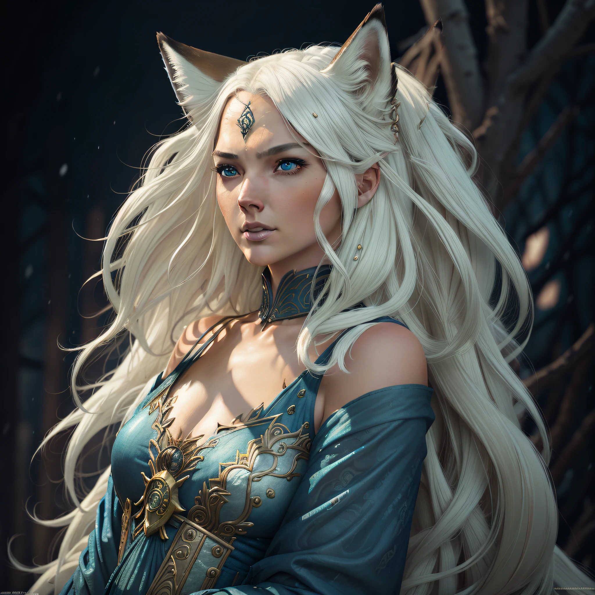 A beautiful woman goddess ((fox)), kitsune with nine tails in a bluish skin with white tones and a beautiful ultra realistic snow hair, blonde hair, hollow eyes, hollow eyes, animal ears, food on her face, surrealism, hyperrealism, jpeg artifacts, UHD, masterpiece, anatomically correct, curated, super detail, high detail, high quality, high detail, high resolution, 8k, Greg Rutkowski, , fantastic, intricate detail, fantasy concept art, masterpiece by deviant, cinematic art.