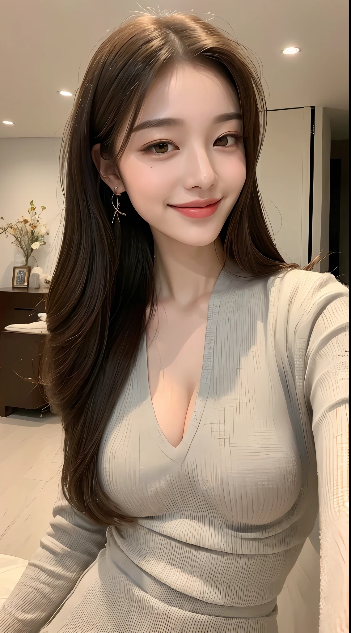 ((Best Quality, 8K, Masterpiece: 1.3)), 1girl, Slim Abs Beauty: 1.3, (Hairstyle Casual, Big Breasts: 1.2), Dress: 1.1, Super Fine Face, Delicate Eyes, Double Eyelids, Smile, Home