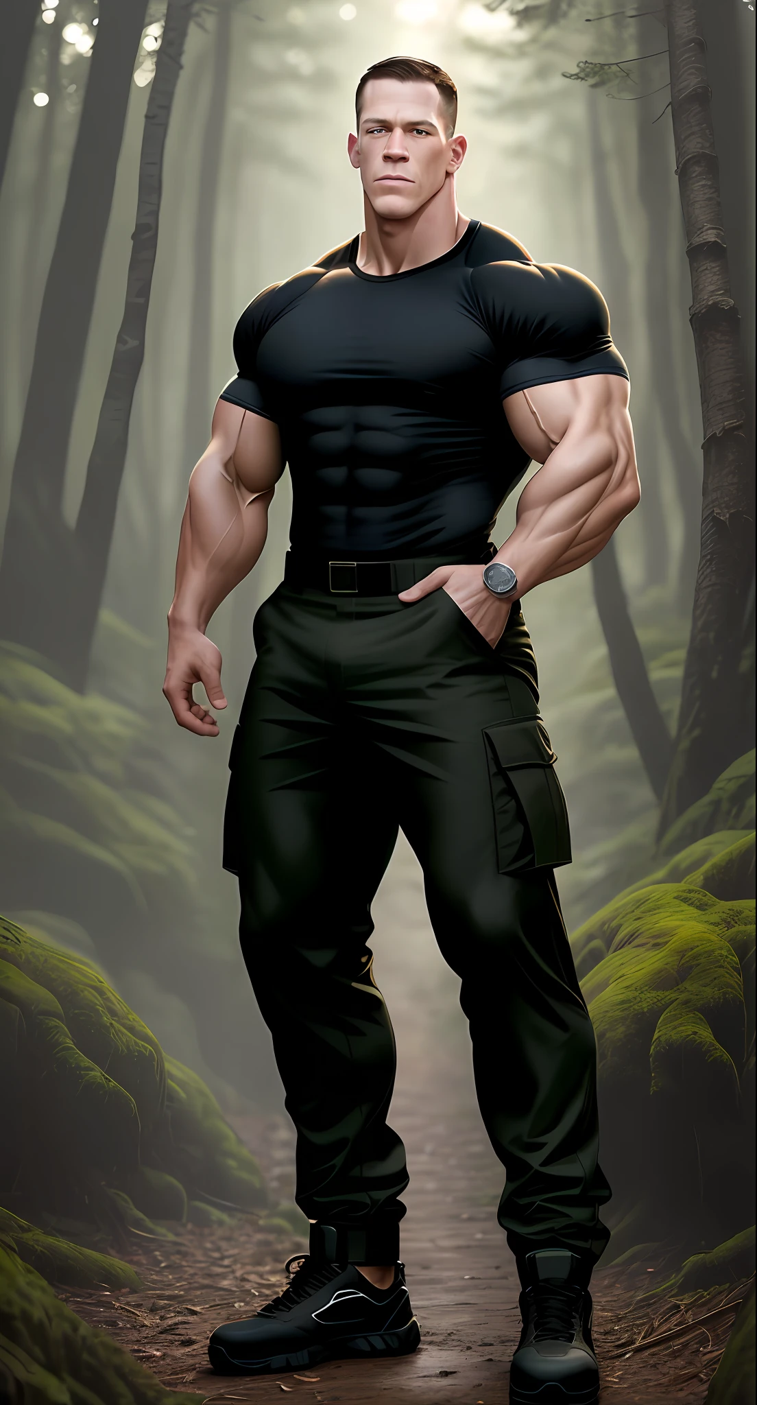 John cena, bodybuilder, tight black t-shirt, military trousers, tall and muscular, in the forest