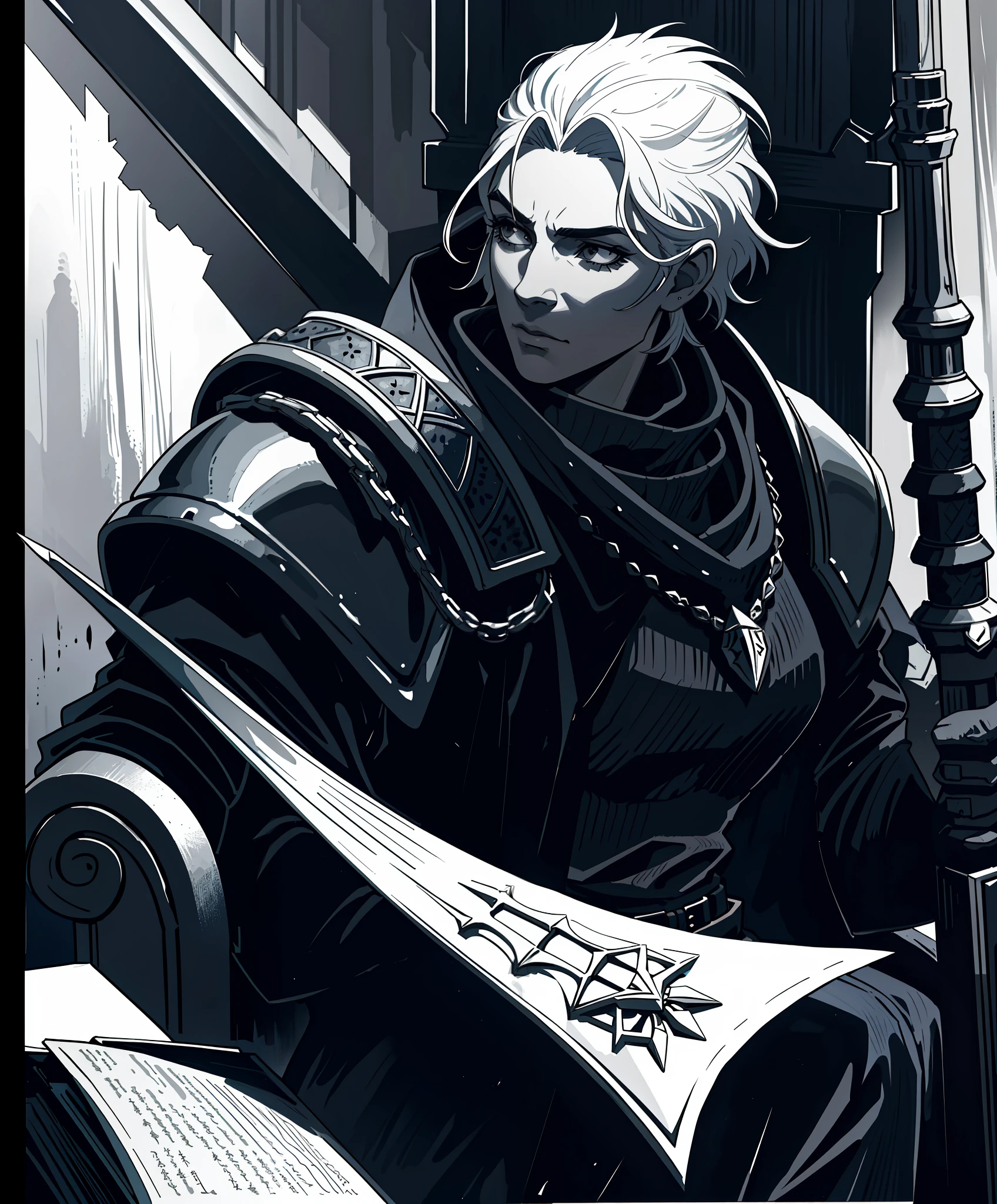 Masterpiece, best definition, 16k, UHD, (original art with ink: 1.2), (lineart: 1.31), mature woman, muscular portrait of muscular Nordic queen, intricate hair, short hair, shaved hair on the side, large scar on the side of the head, wrinkles, white eyebrows (old: 1.4), medieval Nordic clothes, old armor, worn armor, holding broken sword handle, depth, throne room, (dramatic), cinematic composition, (hyperdefined),sad, grayscale,(fine lines),punk-nouveaux-gothic aesthetics,complex rim lighting,ultra-detailed textures,(fine details: 1.3),RAW format, medium plane, contra-plongeé, 3/4