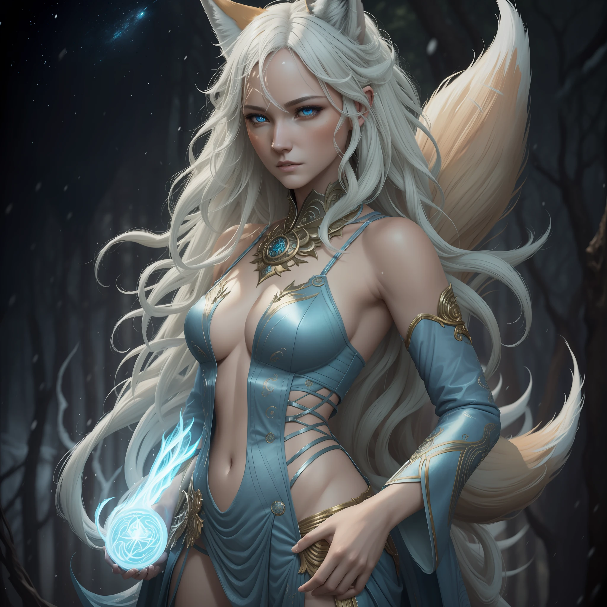 A beautiful woman goddess ((fox)), nine-tailed kitsune in bluish skin with white tones and ultra-realistic hair beautiful snow color, blonde hair, hollow eyes, hollow eyes, animal ears, food on the face, Surrealism, hyperrealism, jpeg artifacts, UHD, masterpiece, anatomically correct, curated, super detail, high detail, high quality, high detail, higher, 8k, Greg Rutkowski, , fantastic,  Intricate detail, fantasy concept art, deviant art masterpiece, Cinematic.