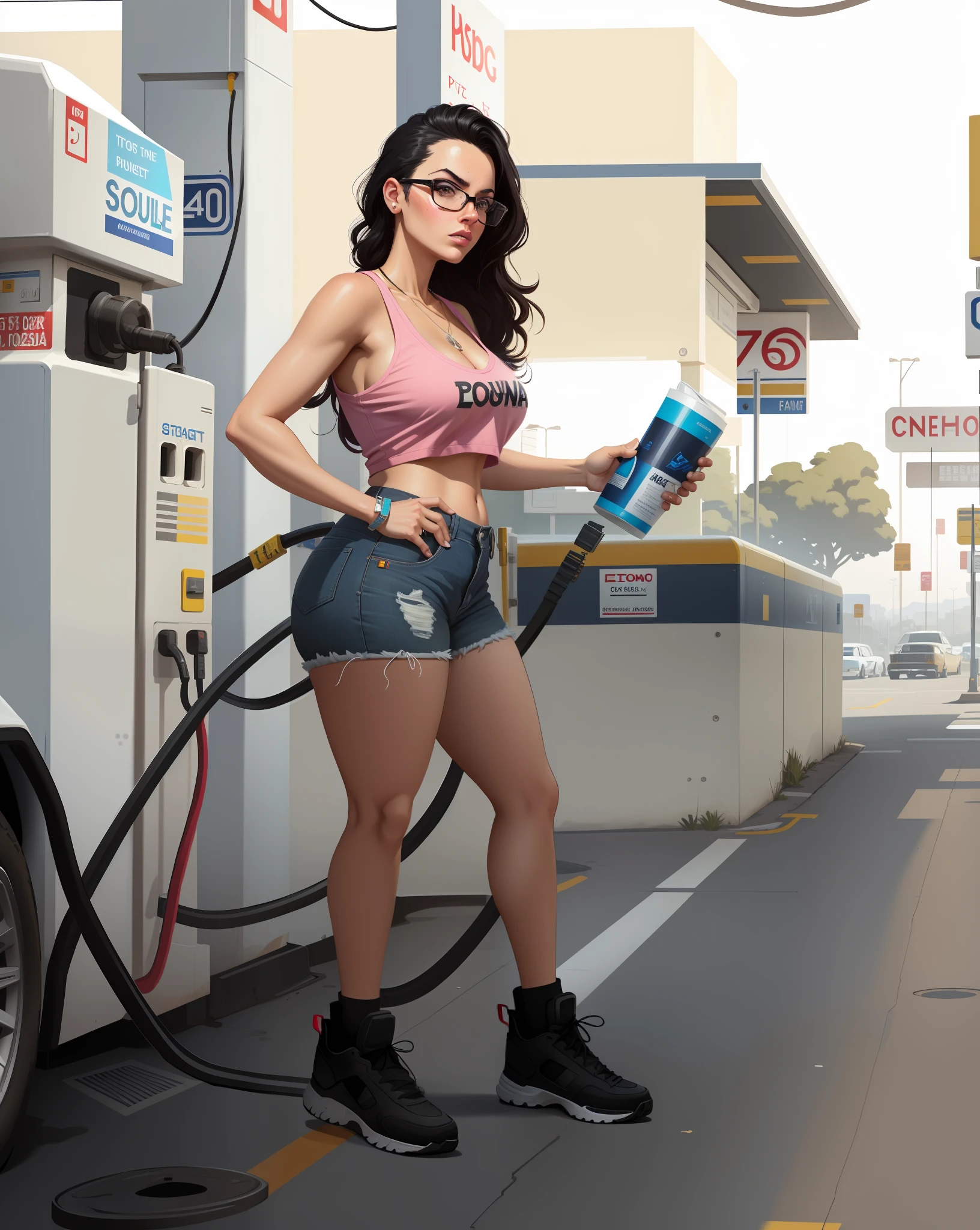 a woman is pumping gas into her car at a gas station, gas station, style of gta v artworks, in style of digital illustration, alejandro burdiso style art, by Dave Arredondo, gta art, gta art style, art gta 5 comics, gta loading screen art, inspired by Tomer Hanuka, by Tomer Hanuka, urban girl fanart