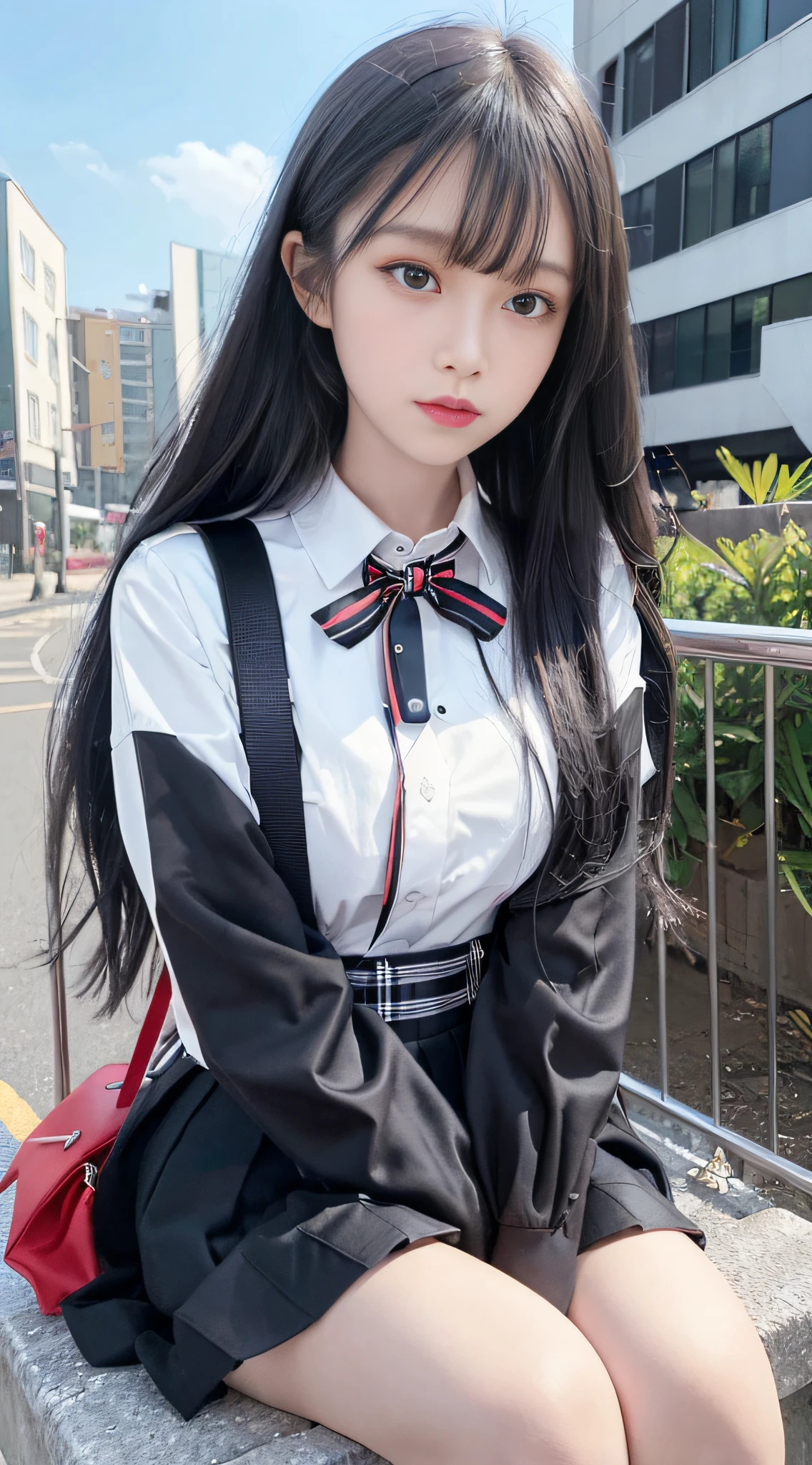 Top quality, masterpiece, ultra high resolution, (photorealistic: 1.4), raw photo, (real skin texture: 1.3), sitting, (film grain: 1.3), panorama, character portrait, very wide shot backpack, bag, 2 girls, 18 years old, black hair, skirt, long hair, outdoor, medium hair, shirt, socks, jacket, school uniform, white shirt, building, black jacket, standing, red ribbon, neck ribbon, long sleeve, sign, plaid, holding, fence, ribbon, pleated skirt, knee-high, collared shirt, black skirt, bangs, openware looking other