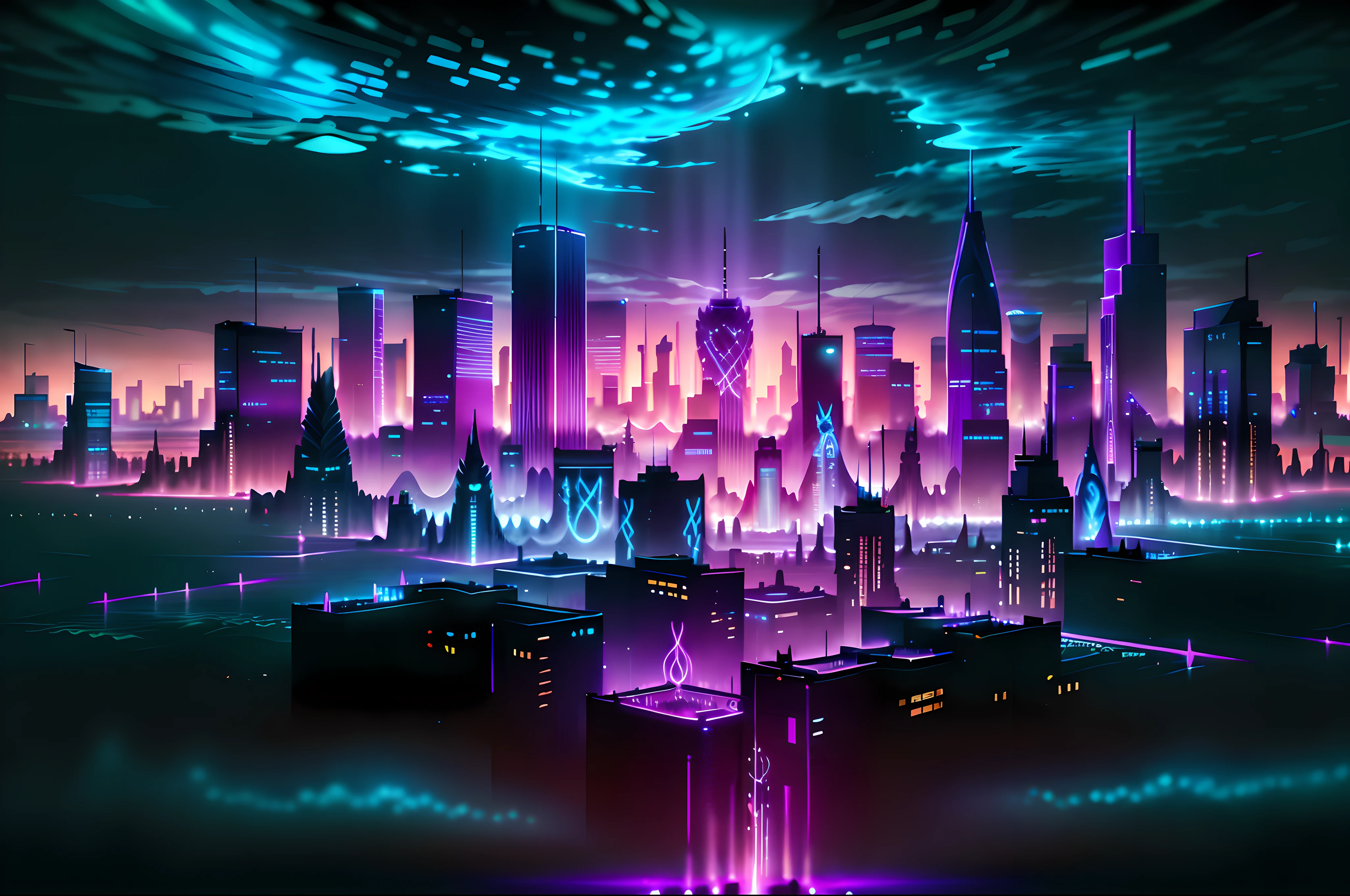 GlowingRunesAI_purple city skyline