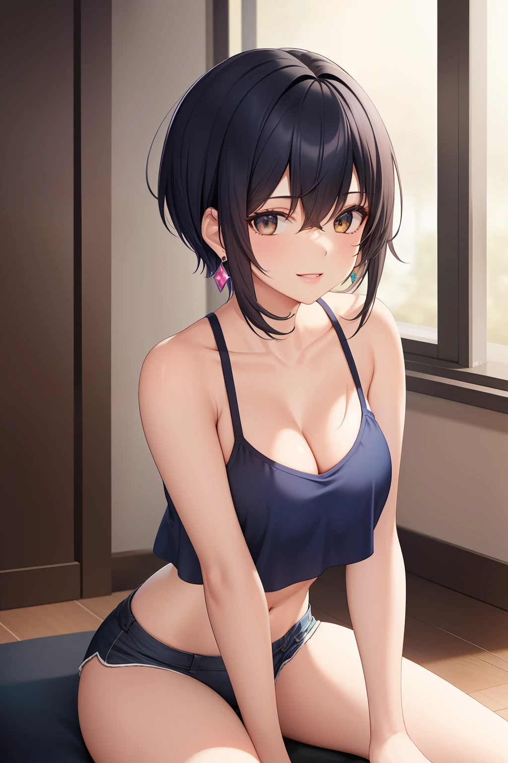 (best quality, masterpiece:1.2), absurdres absolutely resolution, highres, 1 woman, 
BREAK, 
(navy blue Short bobbed hair:1.1), brown eyes, normal size breasts,
BREAK, 
1girl, breasts, solo, cleavage, looking at viewer, normal breasts, smile, crop top, earrings, parted lips, midriff, jewelry, lips, navel, tank top, white tank top, bare shoulders, sitting, bangs, leaning forward, collarbone