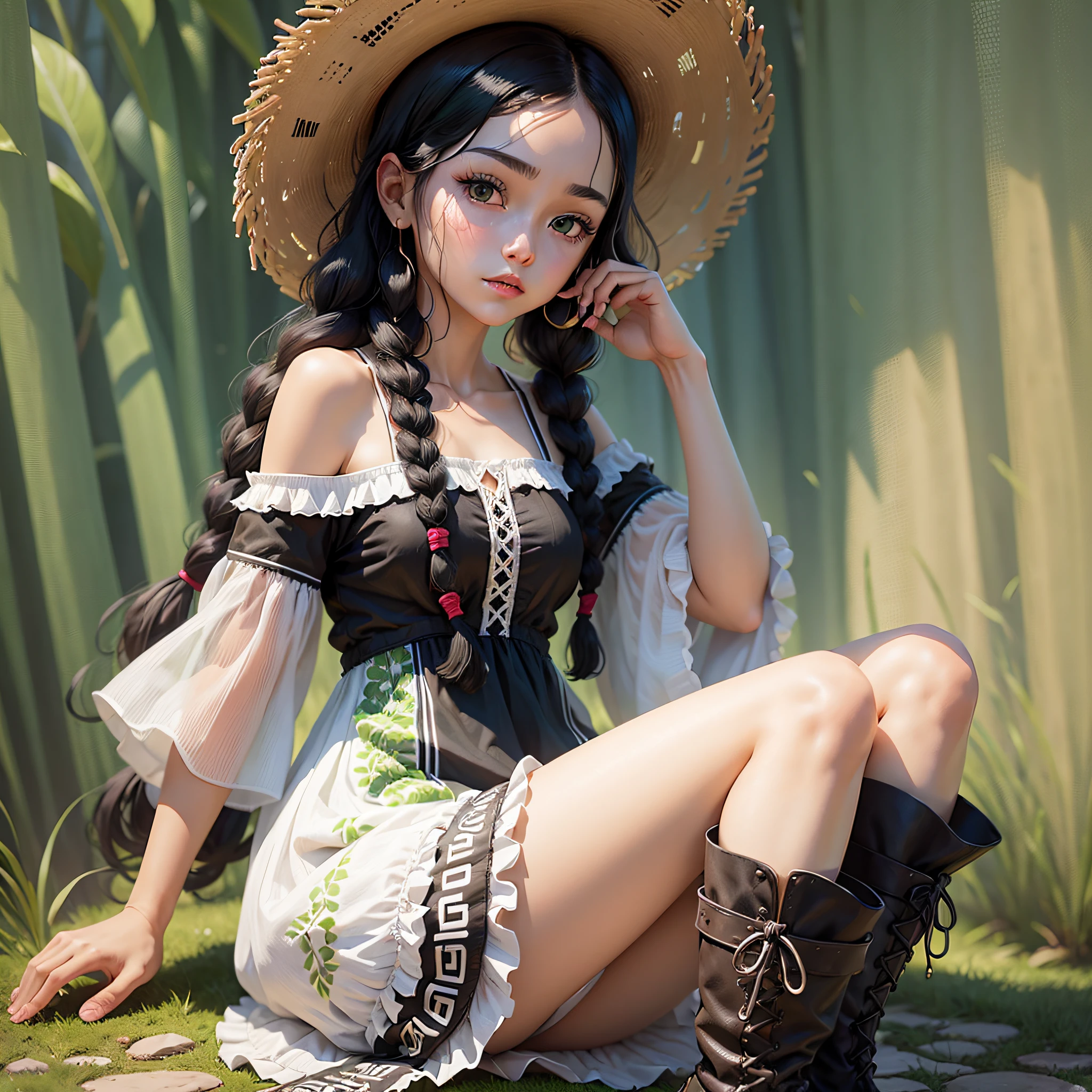 Girl wearing junino dress, June party straw hat, black hair with 2 braids, green eyes, white skin, boots on feet, image vector format cdr. --auto --s2