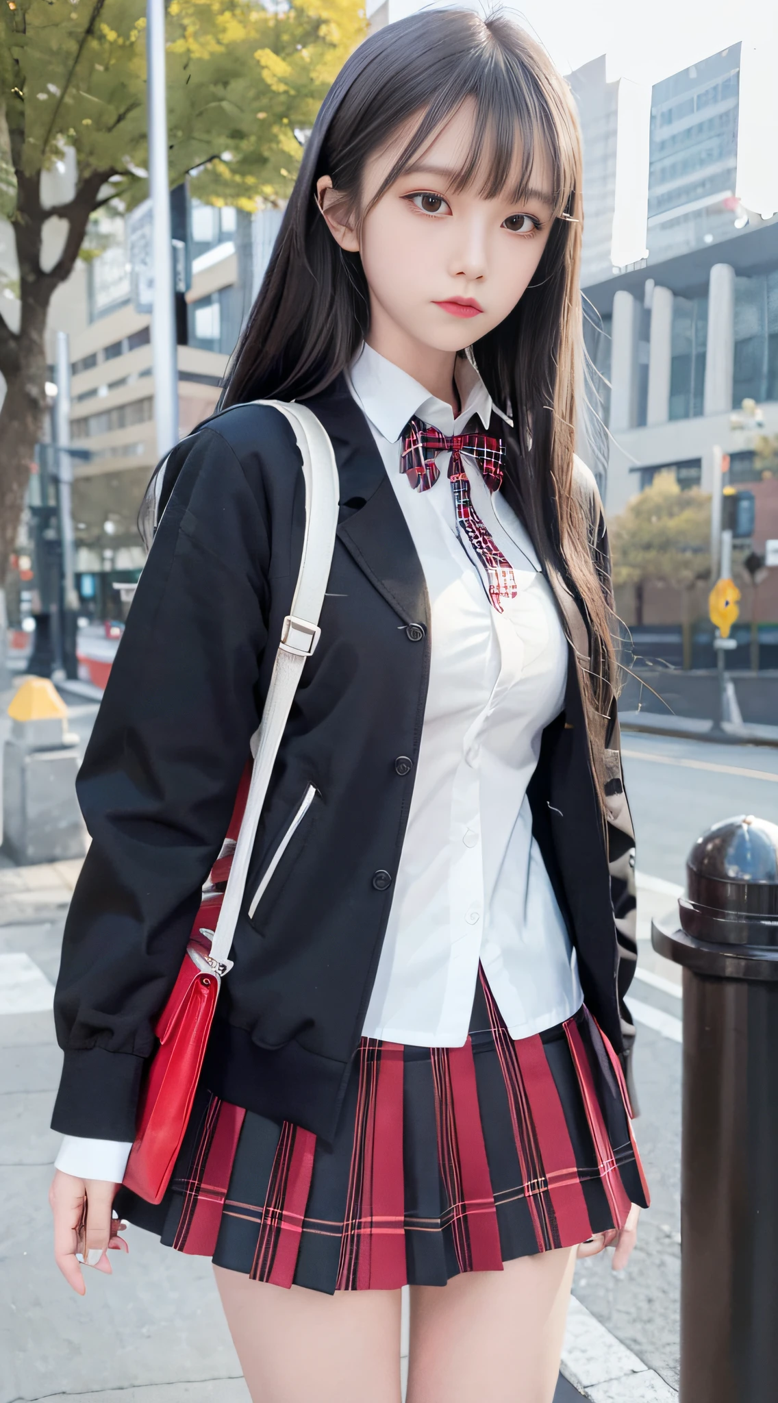 Top quality, masterpiece, ultra high resolution, (photorealistic: 1.4), raw photo, (real skin texture: 1.3), walking, (film grain: 1.3), panorama, character portrait, very wide shot backpack, bag, 2 girls, 18 years old, black hair, skirt, long hair, outdoor, medium hair, shirt, socks, jacket, school uniform, white shirt, building, black jacket, standing, red ribbon, neck ribbon, long sleeve, sign, plaid, holding, fence, ribbon, pleated skirt, knee-high, collared shirt, black skirt, bangs, openware looking other