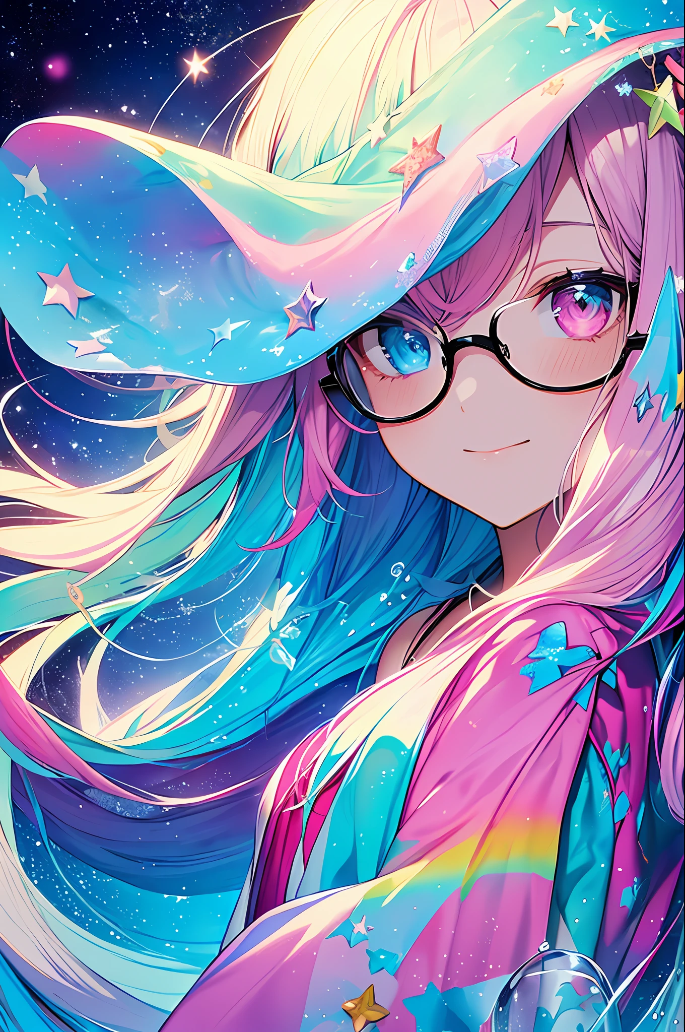 (Masterpiece, Top Quality, Best Quality, Watercolor (Medium), Official Art, Beautiful and Aesthetic: 1.2), (1 Girl: 1.3), (Fractal Art: 1.3), Upper Body, Sideways, Watching the Viewer, Pattern, (Iridescent Hair, Colorful Hair, Half Blue and Half Pink Hair: 1.2), Water, Liquid, Clouds, Colorful, Starry Sky, Stars, Smile, Glasses, Close Up, Heterochromia, (Colorful: 1.5)