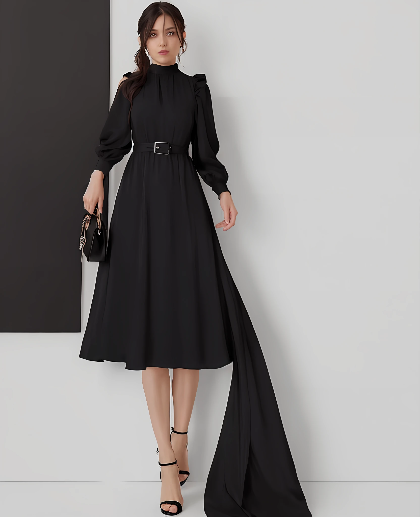 arafed woman in a black dress standing against a white wall, wearing a flowing dress, soft silk dress, wearing a dark dress, black, wearing a black dress, smooth details, wearing a cocktail dress, she is wearing a black dress, black dress with belt, black dress : : symmetrical face, detached sleeves, puff sleeves, wearing business casual dress