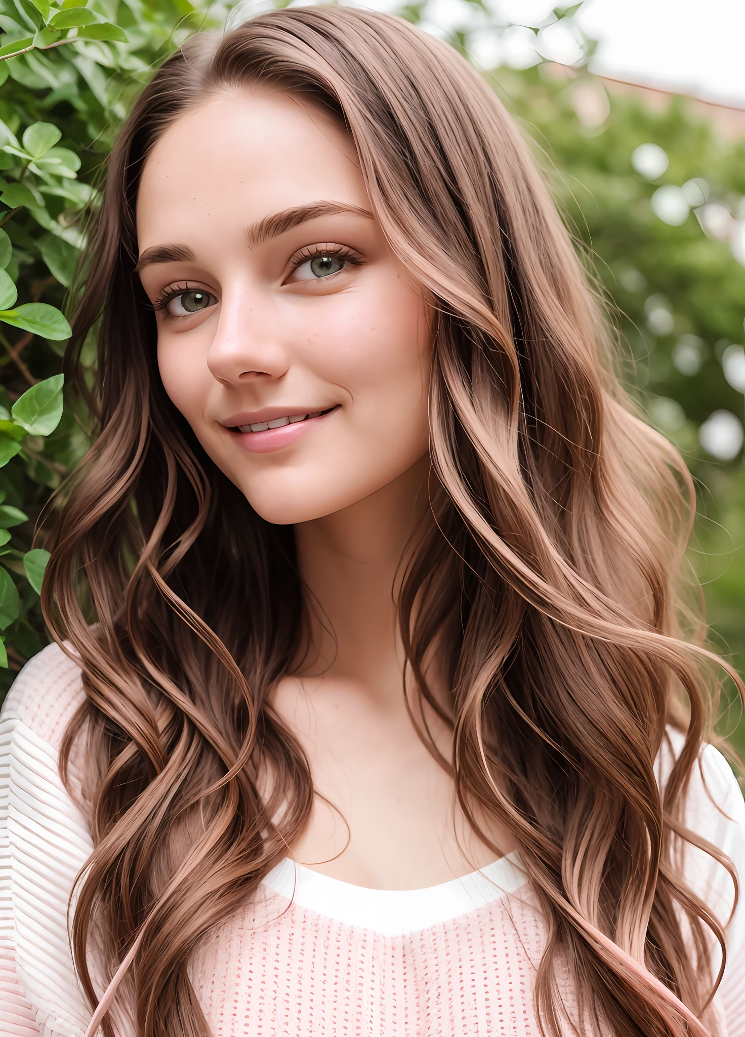 Face photo, white and detailed skin girl, side smile, slightly pink buxexa, long brown hair slightly dark and wavy, casual clothing, age 22 years