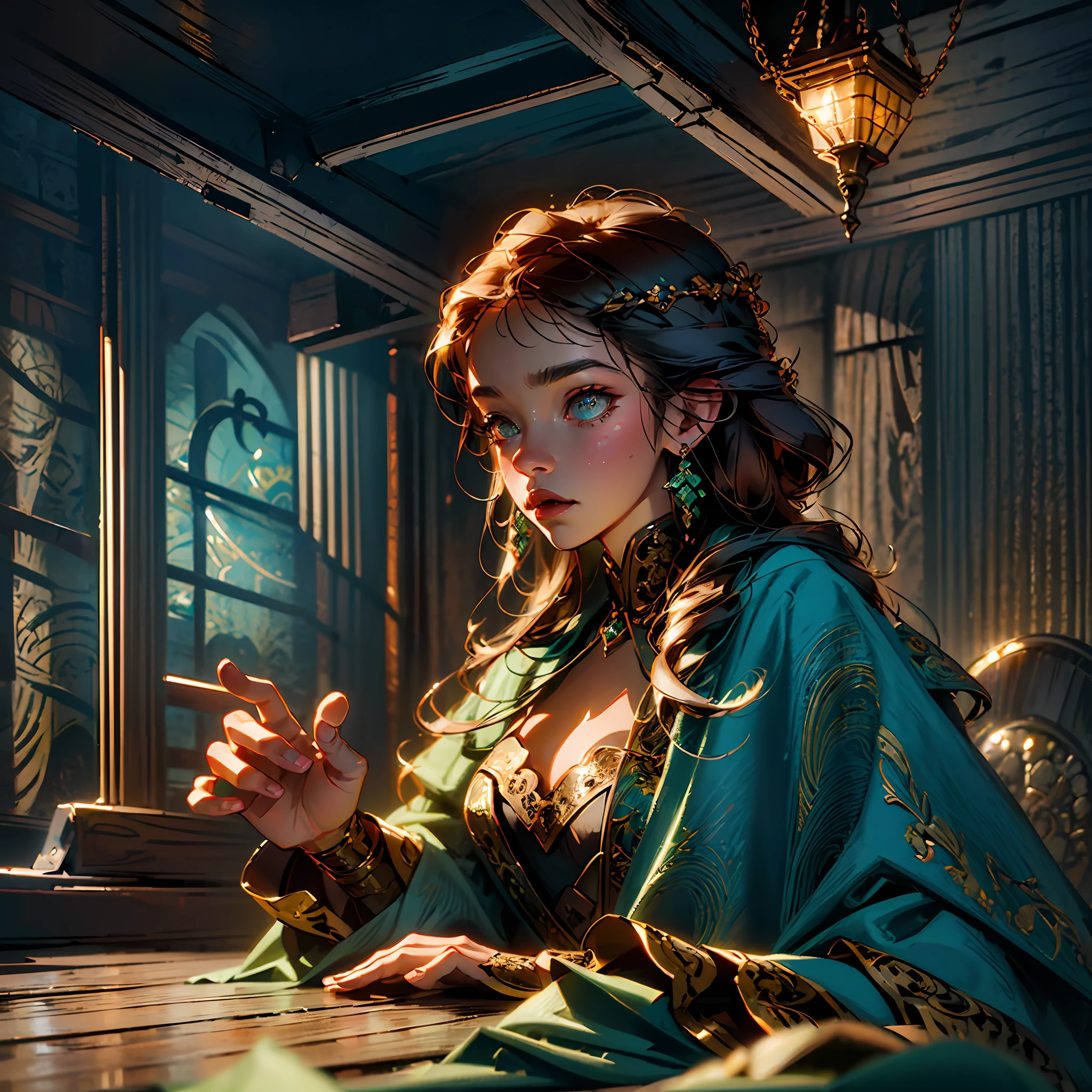 young ginger woman, medieval tale tavern, intricately detailed colorful interior, detailed intense sunrise lightning, best geometry, award wining masterpiece, ultra intricate shadows and lighting, best lighting, best shadows, intricate busy setting, trending on art station, global illumination, selfilluminated, bioluminescence, midjorney style, art by Albert Bierstadt