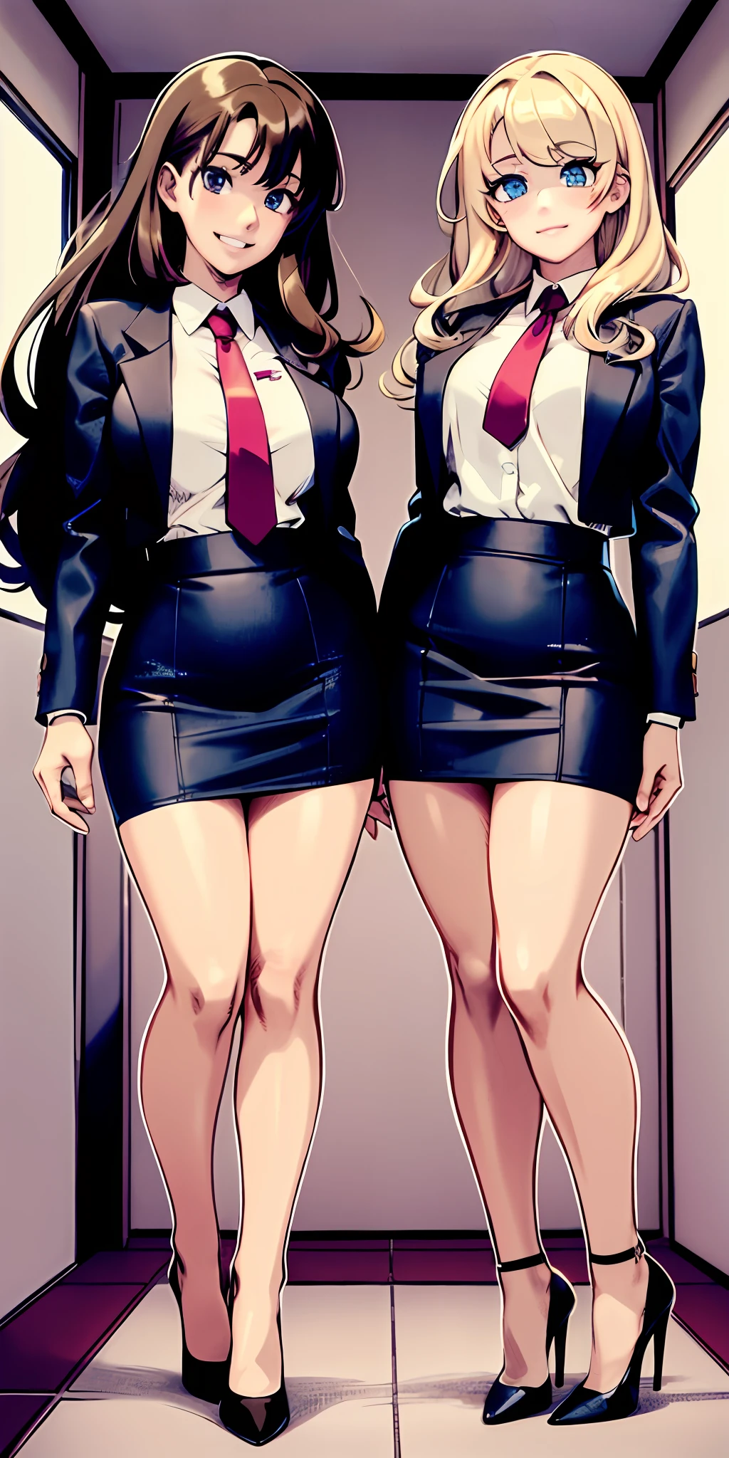 perfect anime illustration, 17 year old girls, medium breasts, 2girls, (1 blonde girl, 1 brown haired girl), twin sisters, rich girls, brown hair, blonde hair, curly hair, long hair, different hair colors, hazel eyes, smiling, white skin, ((business attire, blue skirt suits, pencil skirts, bare legs, high heels, matching outfits)), highres, bedroom, full body