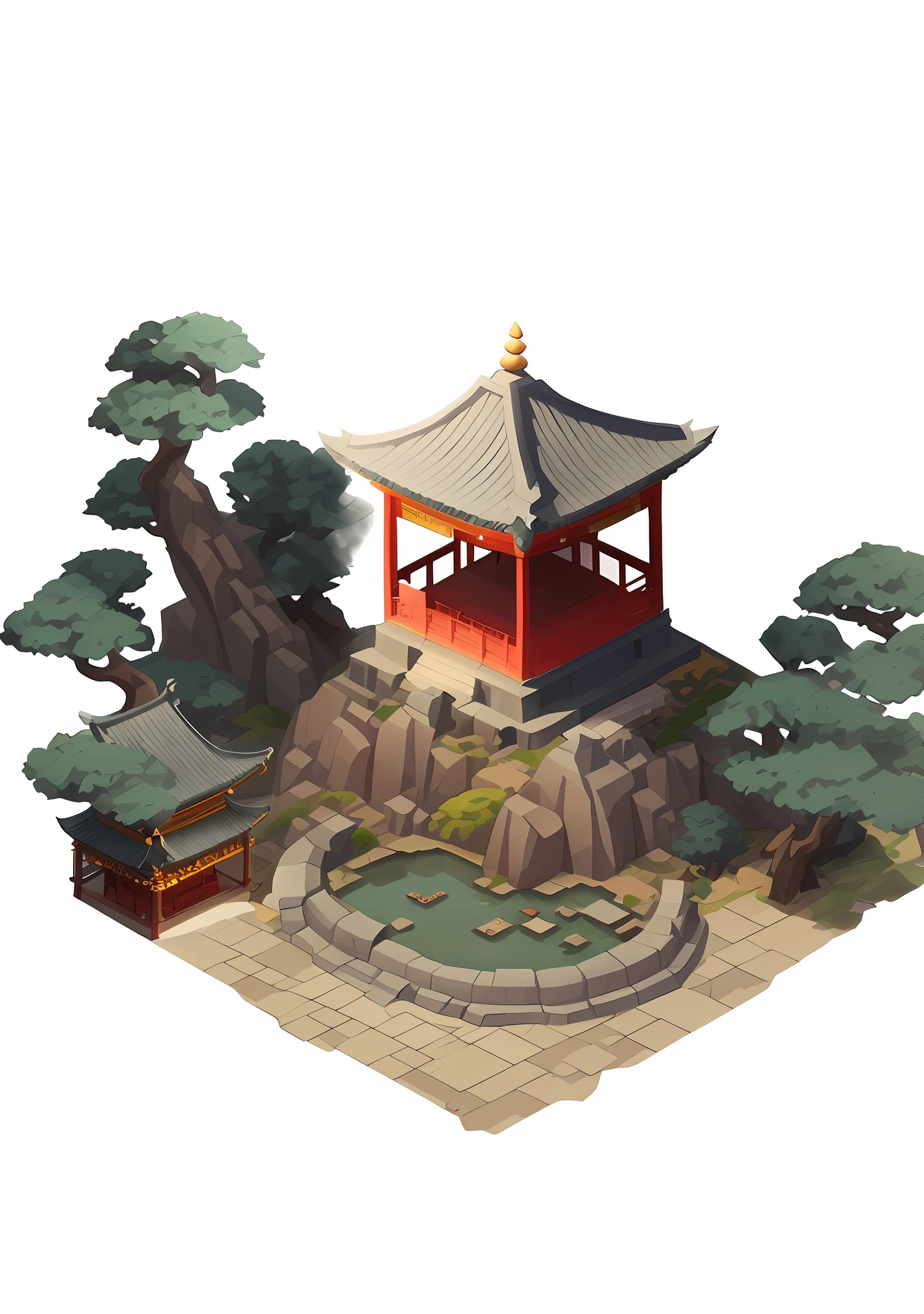 There is a small pagoda in the middle of the island, digital painting of the pagoda, isometric game art, beautiful rendering of the Tang dynasty, Chinese architecture, environmental design illustration, background depicting the temple, painted as game concept art, ancient temple, dojo on the mountain, isometric game assets, isometric 2D game art