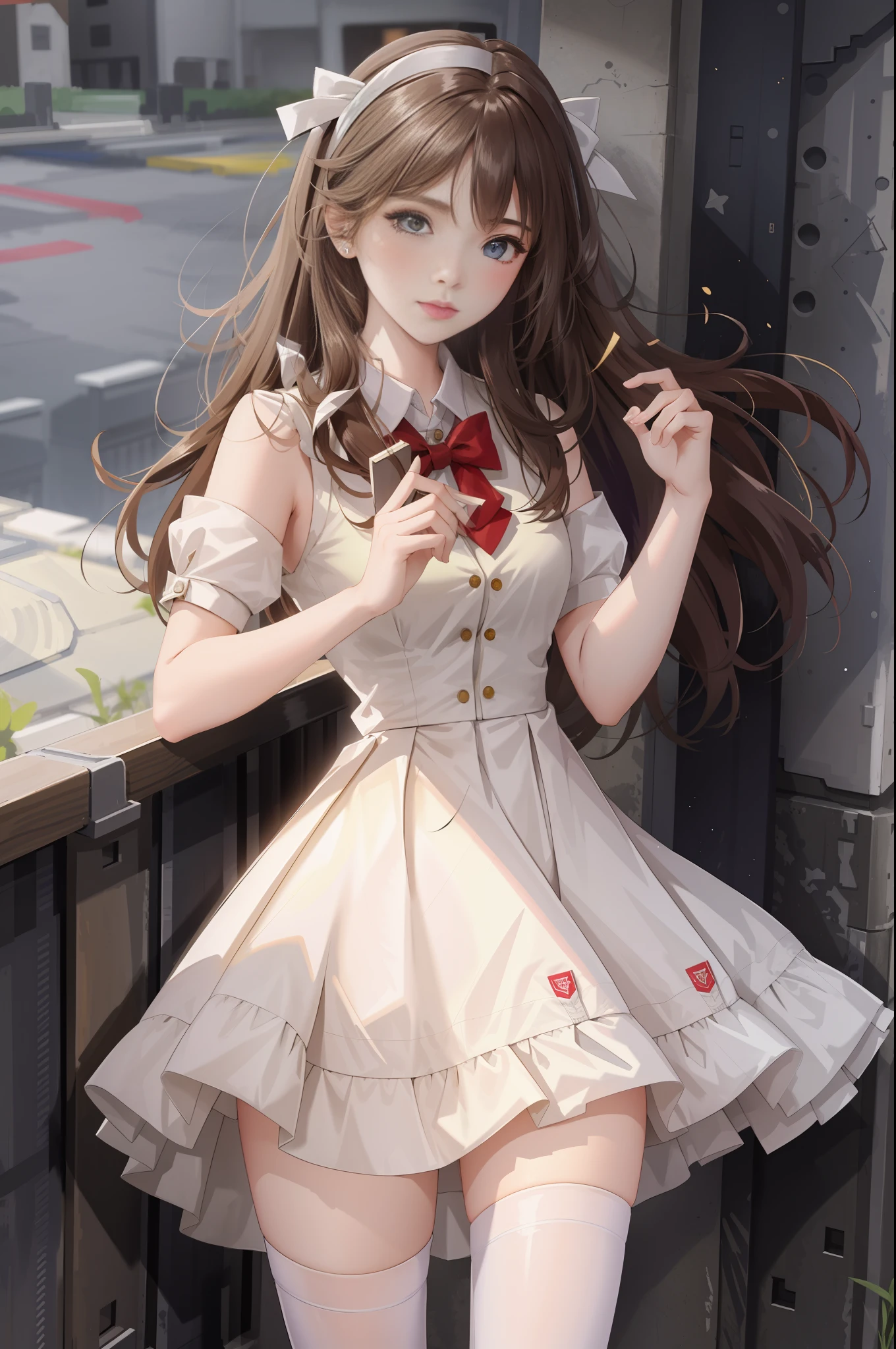 (Best quality, masterpiece: 1.1), (True: 1.4), 1girl, portrait, (corneo_dva), white dress, stockings