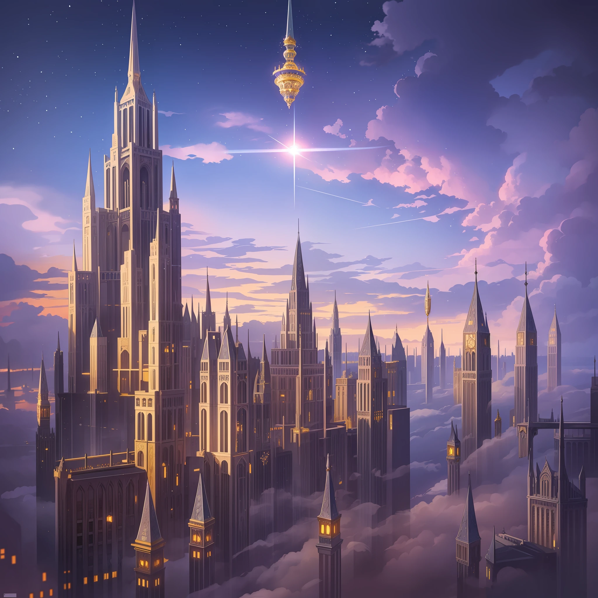 A city floating in the clouds, with buildings that resemble intricate chandeliers made of crystal and gold. The streets are lined with trees that grow upside down, their roots dangling high above the earth, while flying creatures soar and swoop between the towering spires. At the heart of the city is a castle made entirely of clouds, with ethereal music drifting from its open doors and windows. As the sun sets, the city is illuminated by a dazzling display of stars and nebulae, creating a breathtakingly beautiful and otherworldly sight. --auto --s2