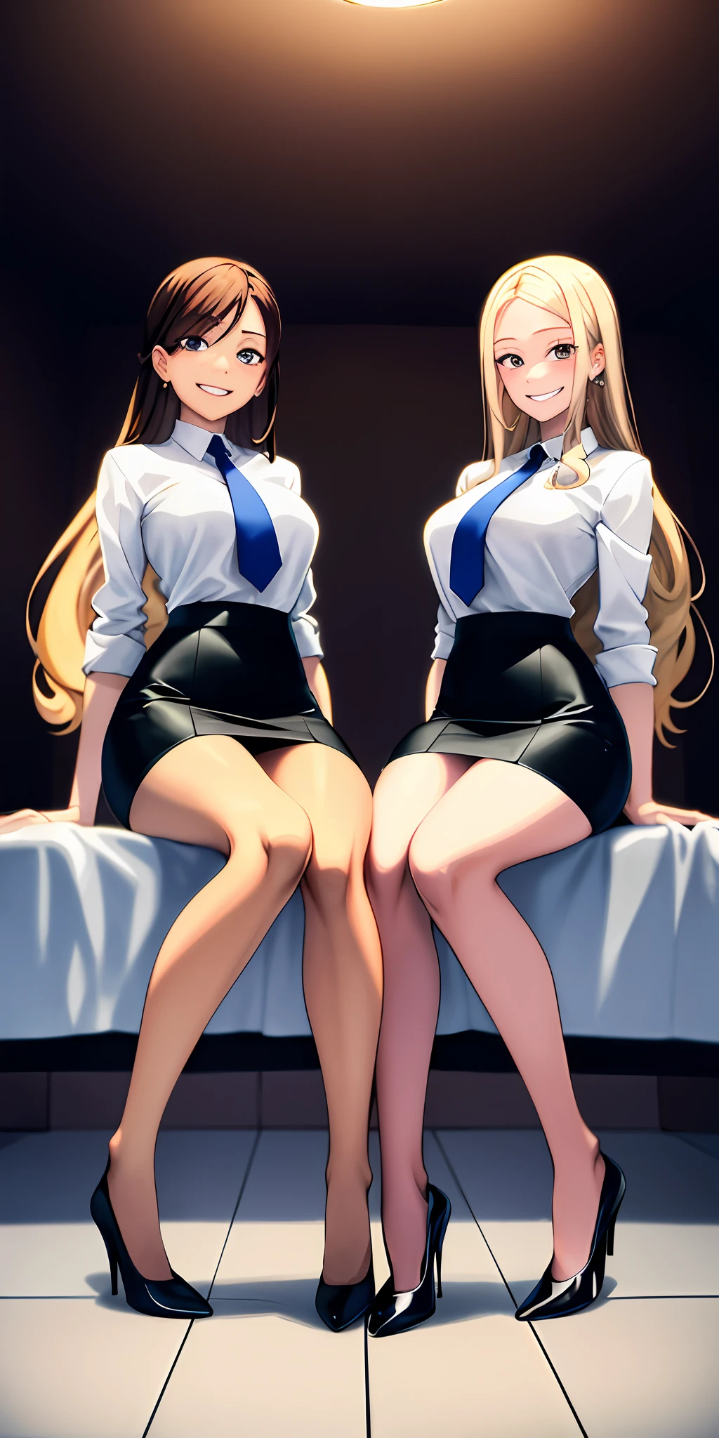 perfect anime illustration,  girls, medium breasts, 2girls, (1 blonde girl, 1 brown haired girl), twin sisters, rich girls, brown hair, blonde hair, curly hair, long hair, different hair colors, hazel eyes, smiling, white skin, ((business attire, blue skirt suits, pencil skirts, bare legs, high heels, matching outfits)), highres, bedroom, full body