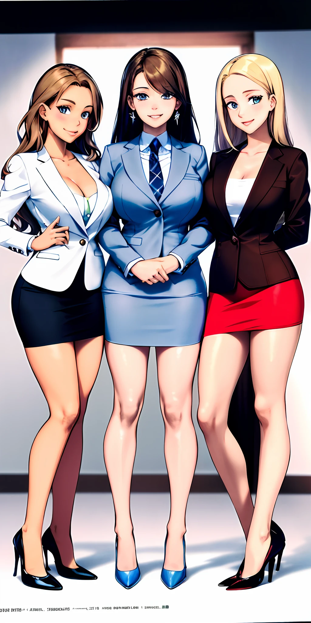 perfect anime illustration, 17 year old girls, medium breasts, 2girls, (1 blonde girl, 1 brown haired girl), twin sisters, rich girls, brown hair, blonde hair, curly hair, long hair, different hair colors, hazel eyes, smiling, white skin, ((business attire, blue skirt suits, pencil skirts, bare legs, high heels, matching outfits)), highres, bedroom, full body