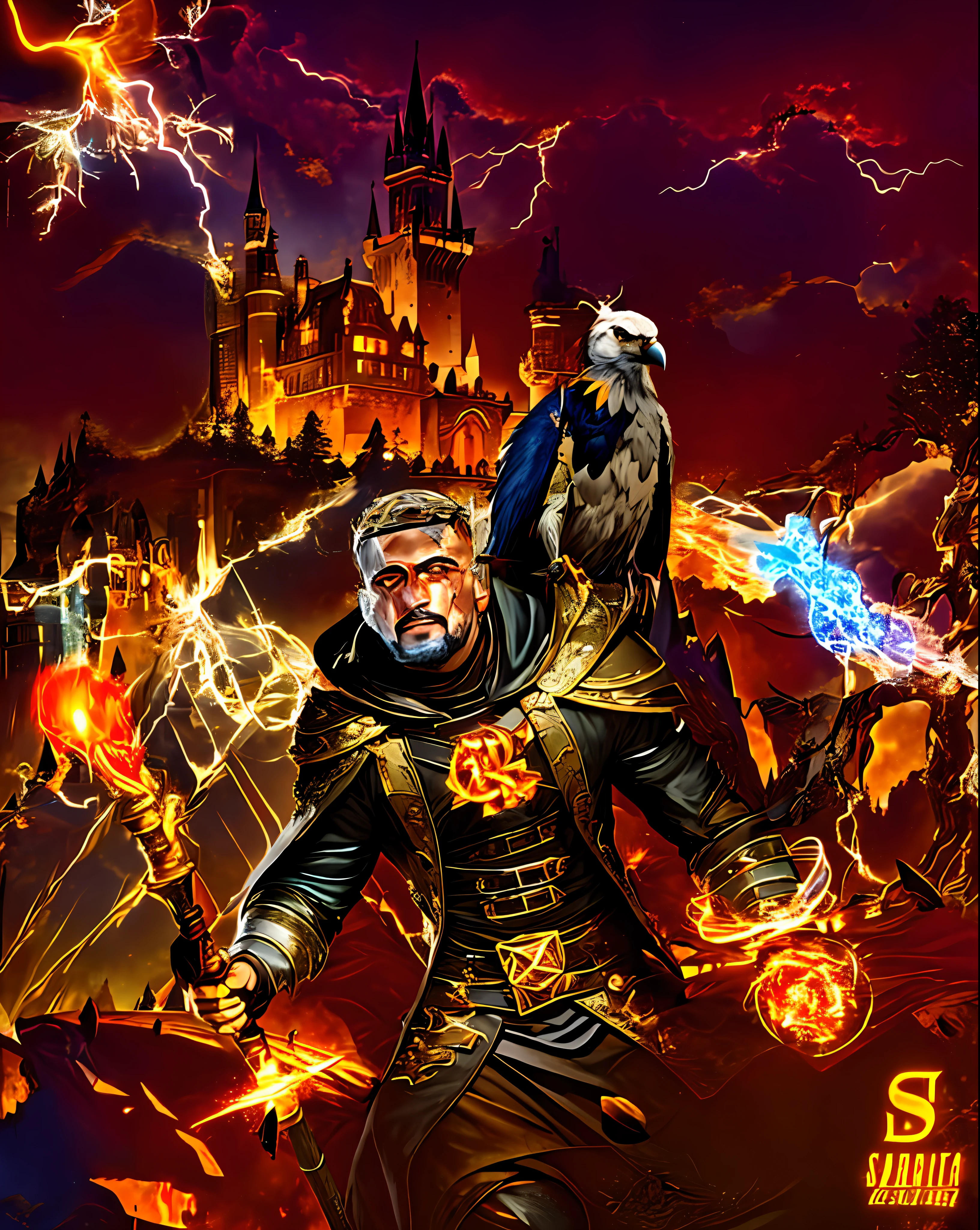 There is a man holding a sword and a bird in front of a castle, Mario as the wizard, a wizard, evil male sorcerer, evil sorcerer, lord of Cinder, fire mage, an arcane mage casting a spell, a sorcerer casting a fireball, d & d fantasy digital art, casting fire spell