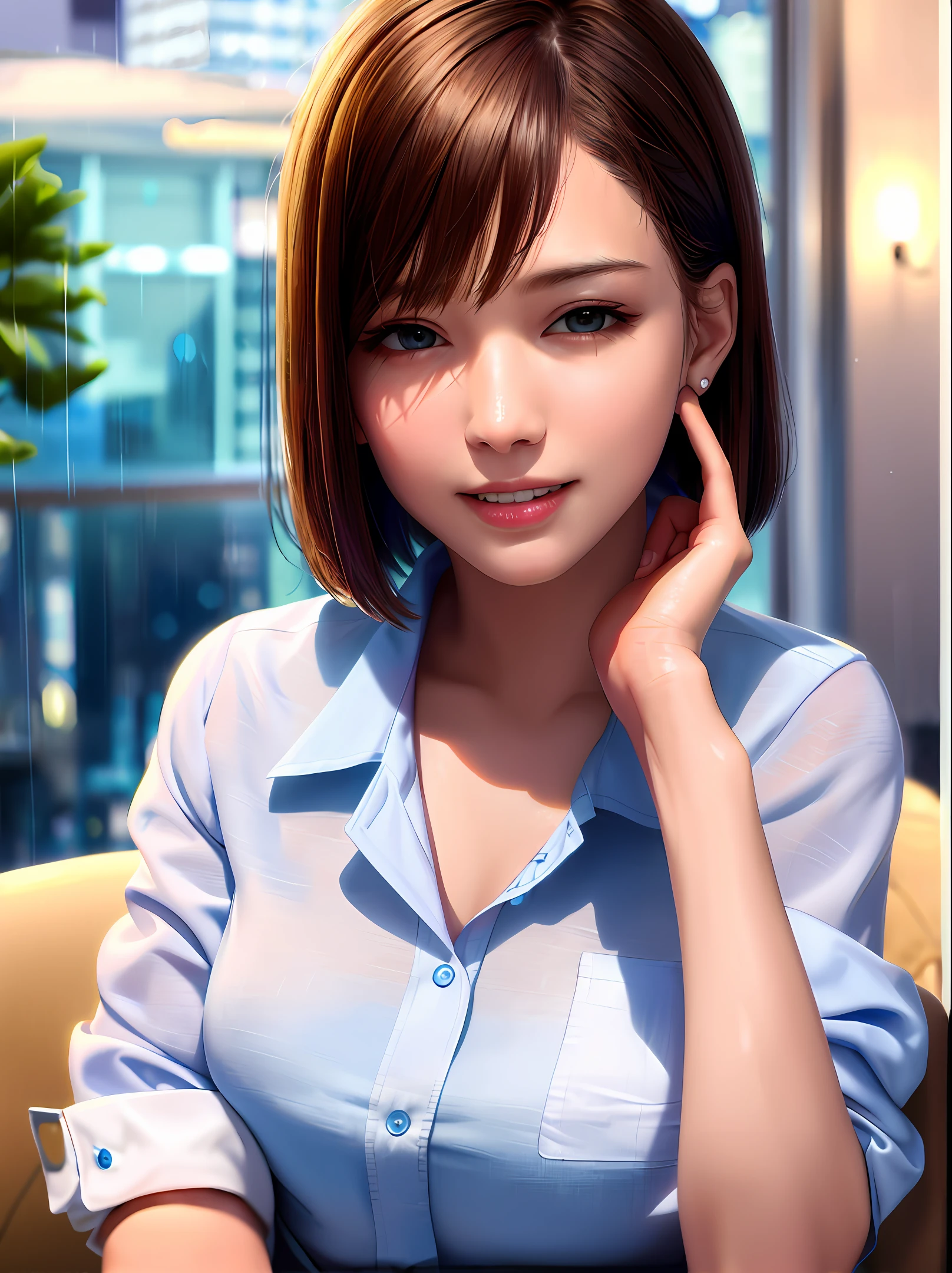 (8k, best quality, masterpiece: 1.2), (realistic, realistic: 1.37), super detailed, 1 girl, cute, solo, beautiful detailed sky, detailed office, night, sitting, (nose blush), (smile): 1.15), (shut up), mid-chest, beautiful delicate eyes, (collar shirt: 1.1), night, wet, professional wear, rain, (short hair: 1.2), pureerosface_v1, computer, finger details, beautiful detailed face, photos