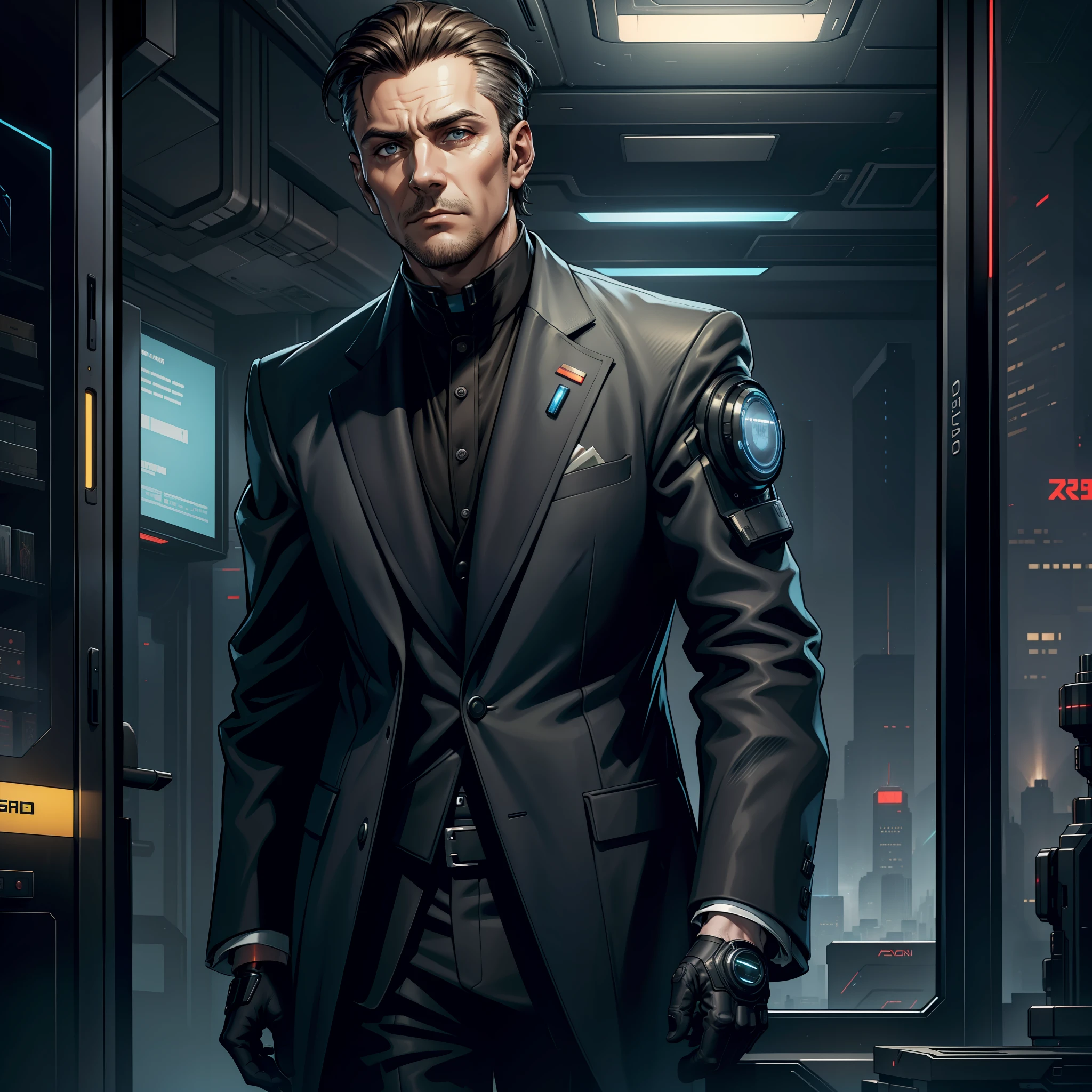 "(((presidential expensive suit:1))) (1man) dark theme :: focus on closeup face, empathetic face, short gray brown hair, middle age man, :: ultra realistic futuristic nation president, cyberpunk scifi, shadowrun, ((futuristic cabinet interior, scifi high tech cyberpunk)) :: cool futurist presidential expensive suit, :: natural lighting :: bokeh :: 8k :: best quality :: masterpiece :: insanely detailed:1.5"