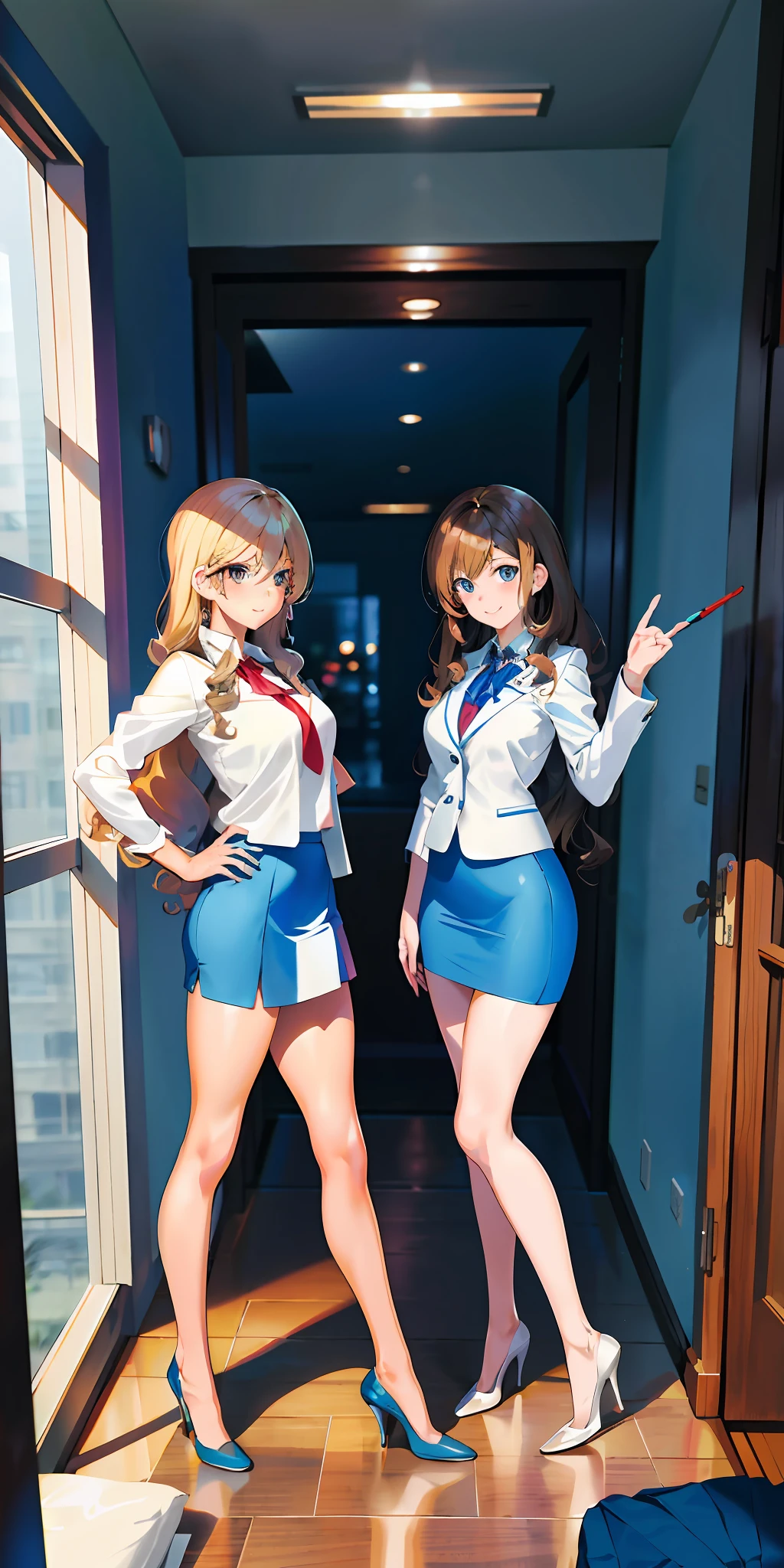 perfect anime illustration, 17 year old girls, medium breasts, 2girls, (1 blonde girl, 1 brown haired girl), twin sisters, rich girls, brown hair, blonde hair, curly hair, long hair, different hair colors, hazel eyes, smiling, white skin, ((business attire, blue skirt suits, blue pencil skirts, bare legs, blue high heels, matching outfits)), highres, bedroom, full body