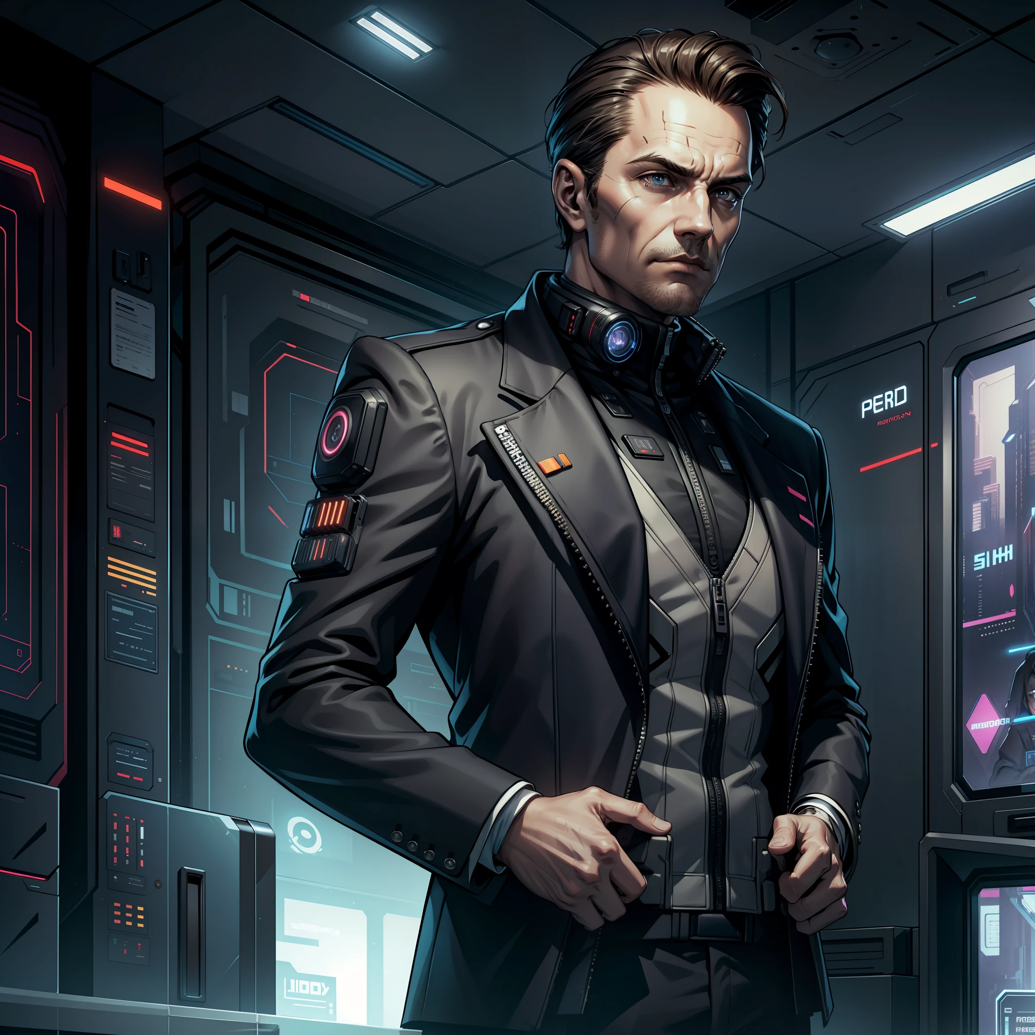 "(((presidential expensive suit:1))) (1man) dark theme :: focus on closeup face, empathetic face, short gray brown hair, middle age man, :: ultra realistic futuristic nation president, cyberpunk scifi, shadowrun, ((futuristic cabinet interior, scifi high tech cyberpunk)) :: cool futurist presidential expensive suit, :: natural lighting :: bokeh :: 8k :: best quality :: masterpiece :: insanely detailed:1.5"