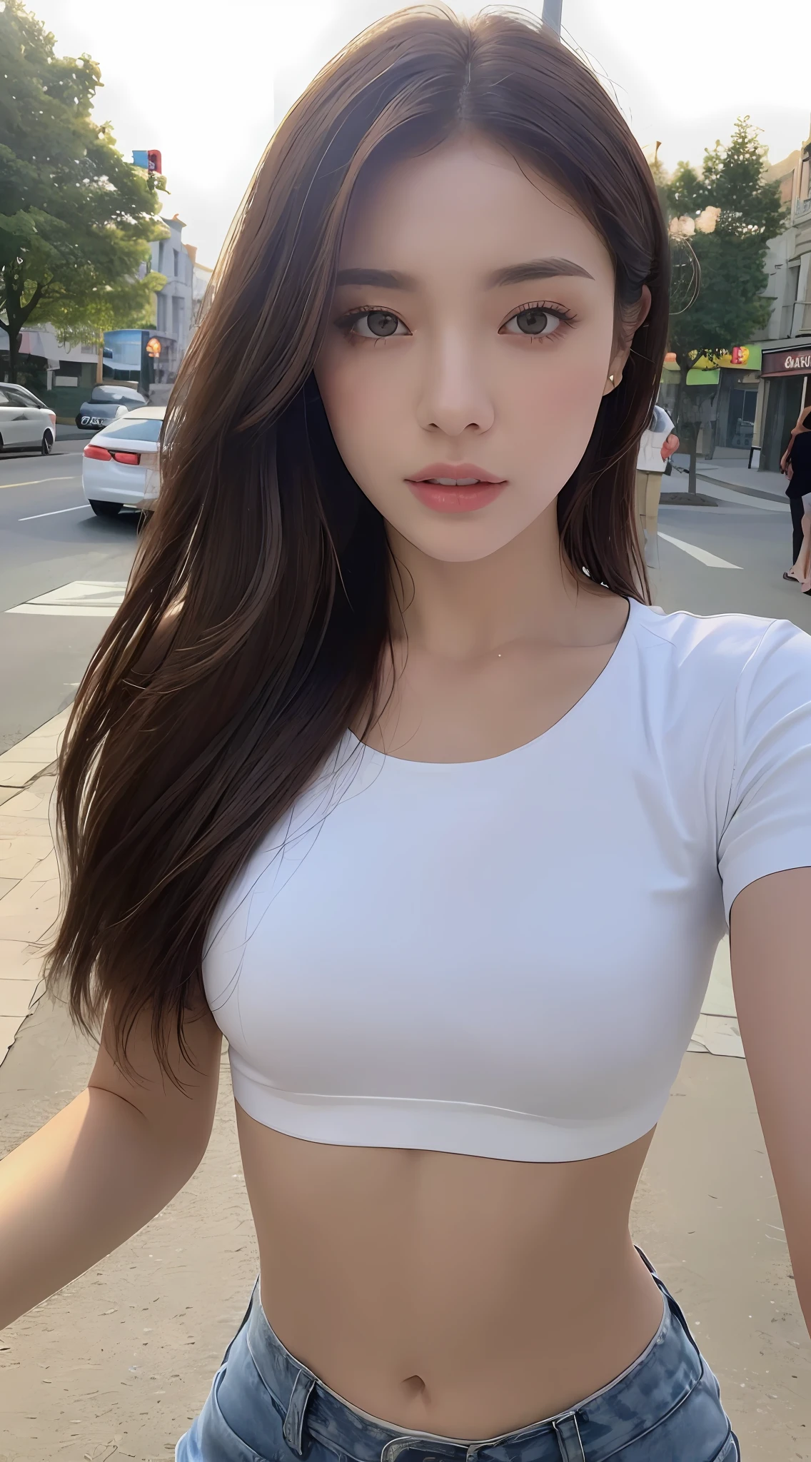 ((Realistic lighting, Best quality, 8K, Masterpiece: 1.3)), Clear focus: 1.2, 1girl, Perfect Figure: 1.4, Slim Abs: 1.1, ((Dark brown hair)), (White crop top: 1.4), (Outdoor, Night: 1.1), City streets, Super fine face, Fine eyes, Double eyelids,