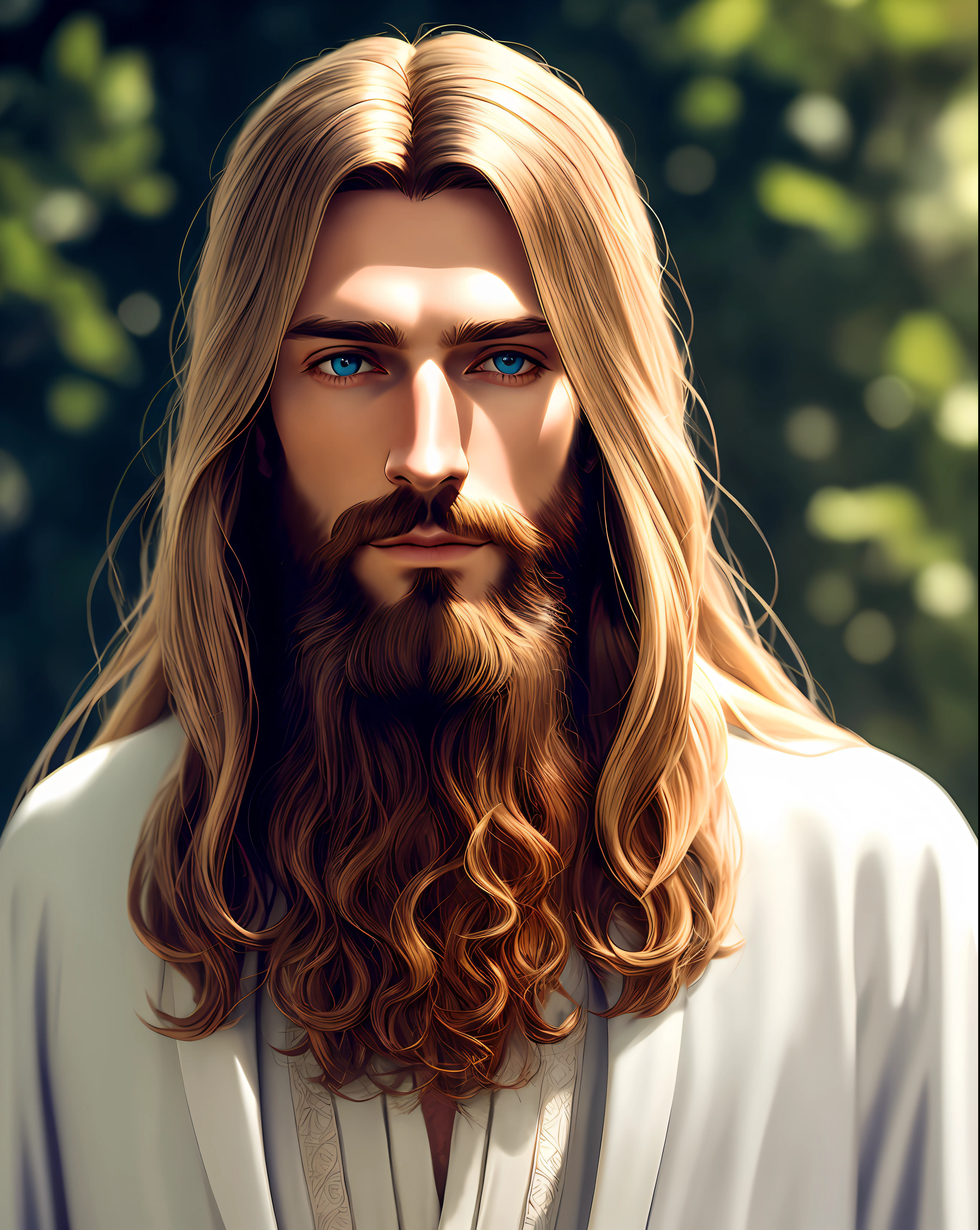 (symmetry),centered,a ((close)) up portrait,(Jesus),a very thin white man with long hair and a beard,wearing a long white robe,35mm,natural skin,clothes  detail, 8k texture, 8k, insane details, intricate details, hyperdetailedhighly detailed,realistic,soft cinematic light,HDR,sharp focus, ((((cinematic look)))),intricate, elegant, highly detailed