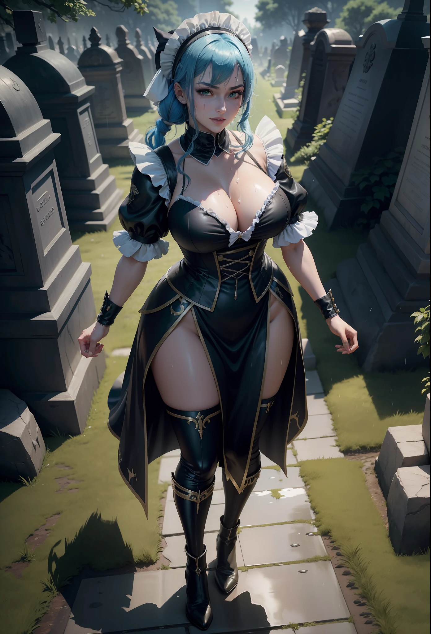 ((Full body photo, standing)). Laura/woman big breasts, ((wearing black maid's clothes with white parts and maid's headdress on her head)), she is inside a cemetery at night is raining hard, her (head/clothes/body soaked in water), she is smiling, in fighting position, fists closed, has (blue hair:1.2) and (green eyes:1.2), (extremely tight clothing on the body), anime, mortal kombat, 16k, best quality, super detail, textured skin, UHD