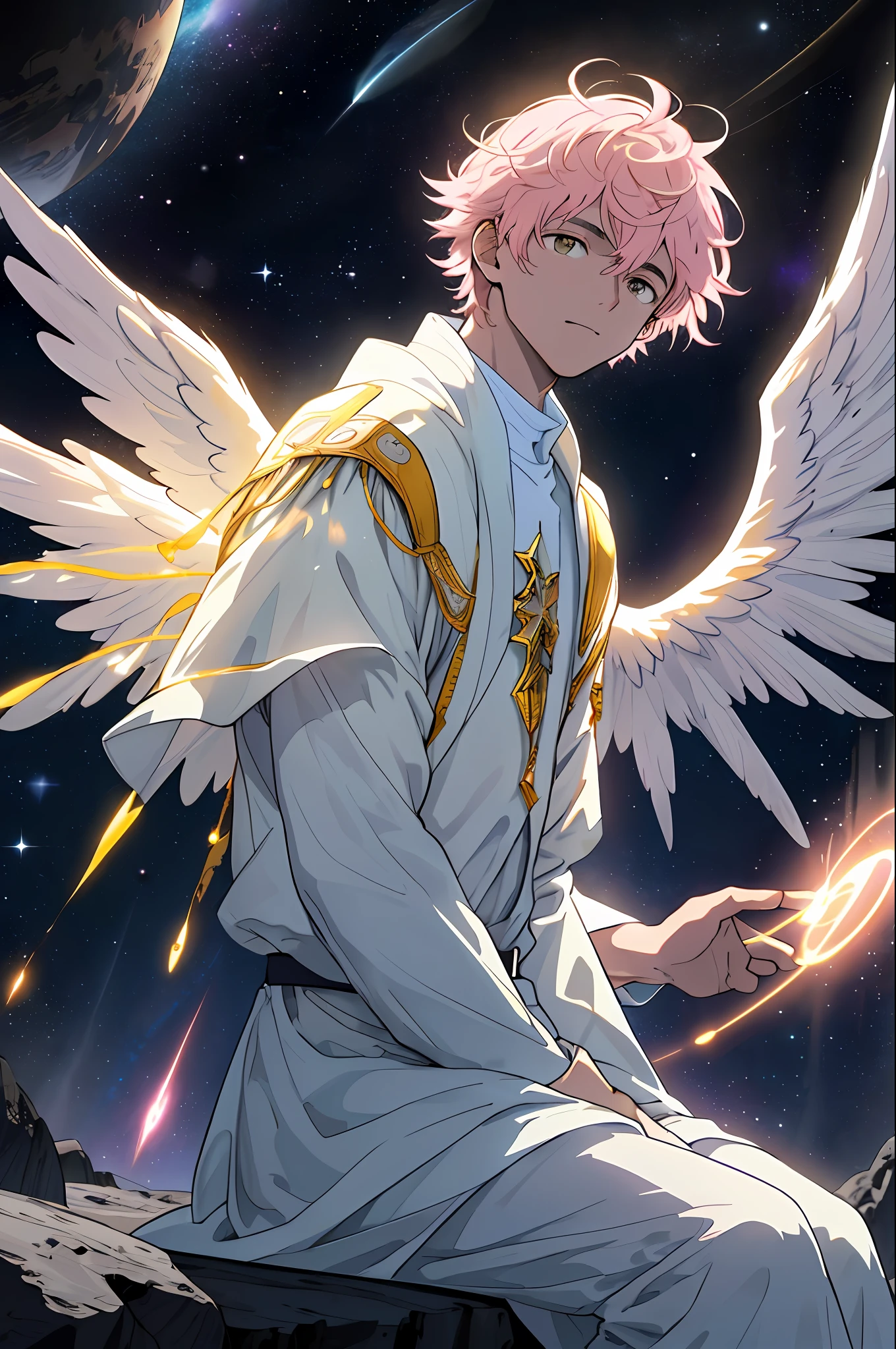 Draw a young angel sitting on an angelic star floating in the middle of the asteroid belt. He has angel wings that glow with a pink and yellow aura. Dramatic lighting from distant stars and planets illuminates the scene, casting deep shadows on him. The young angel looks confident and prepared, looking at the vast and mysterious universe with wonder and respect.