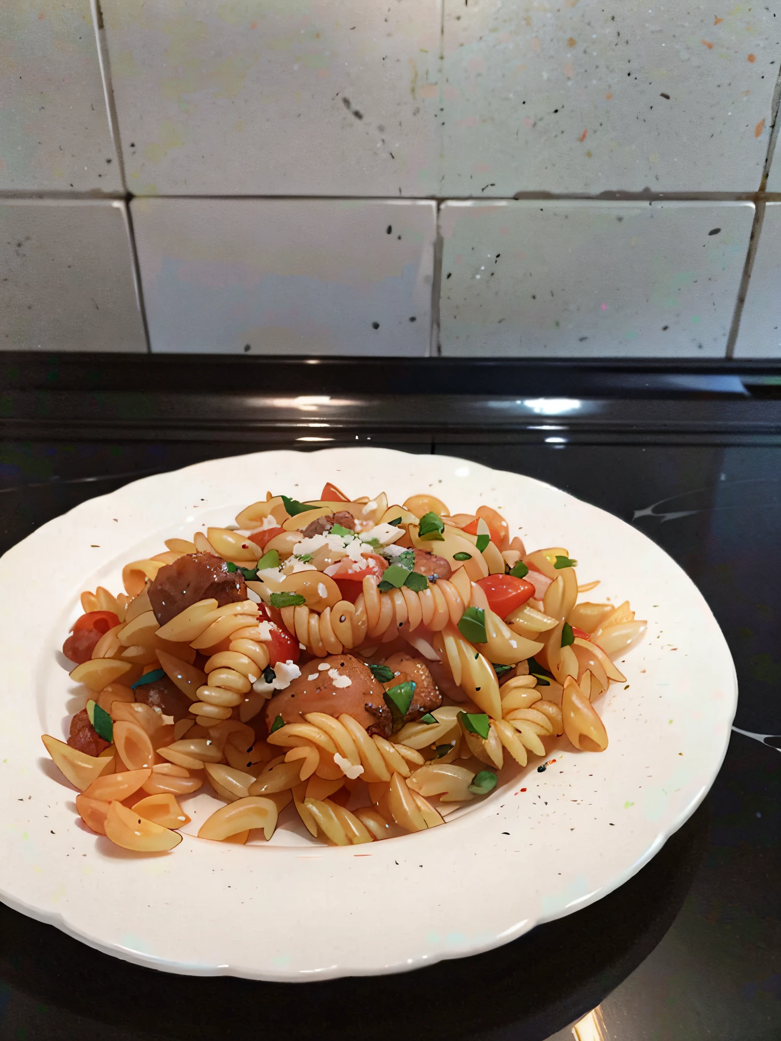 there is a plate of pasta with meat and vegetables on it, served with pasta, yummy, pasta, inspired by Luca Zontini, cooked, by Ella Guru, recipe, inspired by Domirinic Fegallia, michael angelo inspired, salmon khoshroo, above side view, beutiful!, by Pogus Caesar, added detail, by Anna Haifisch