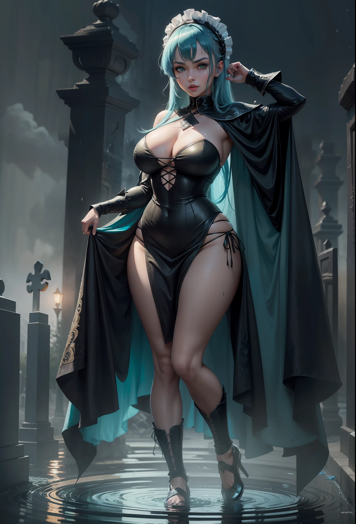 ((Full body photo, standing)). Laura/woman big breasts, ((wearing black maid's clothes with white parts and maid's headdress on her head)), she is inside a cemetery at night is raining hard, her (head/clothes/body soaked in water), she is smiling, in fighting position, fists closed, has (blue hair:1.2) and (green eyes:1.2), (extremely tight clothing on the body),  Mortal Kombat, anime, framed, symmetry, 16k, best quality, super detail, textured skin, UHD
