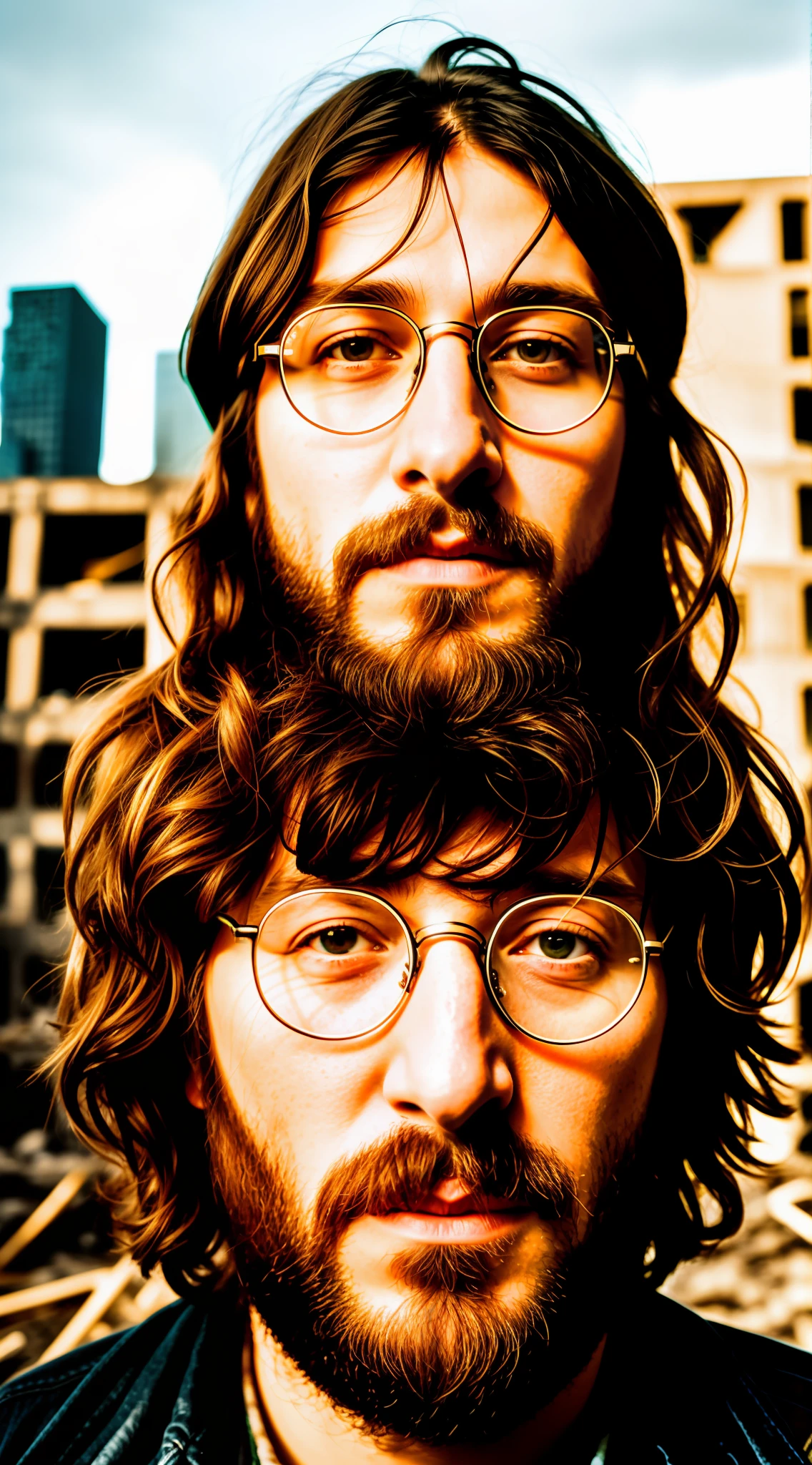 there is a man with long hair and glasses on his head, portrait shot, near future, nerds, by Matthias Weischer, portrait, by Andrei Kolkoutine, james gilleard and james jean, denoised, photographic portrait, portrait!!, greg rutkowski and edgar maxence, shot on an iphone, light faces, closeup portrait shot, lomo